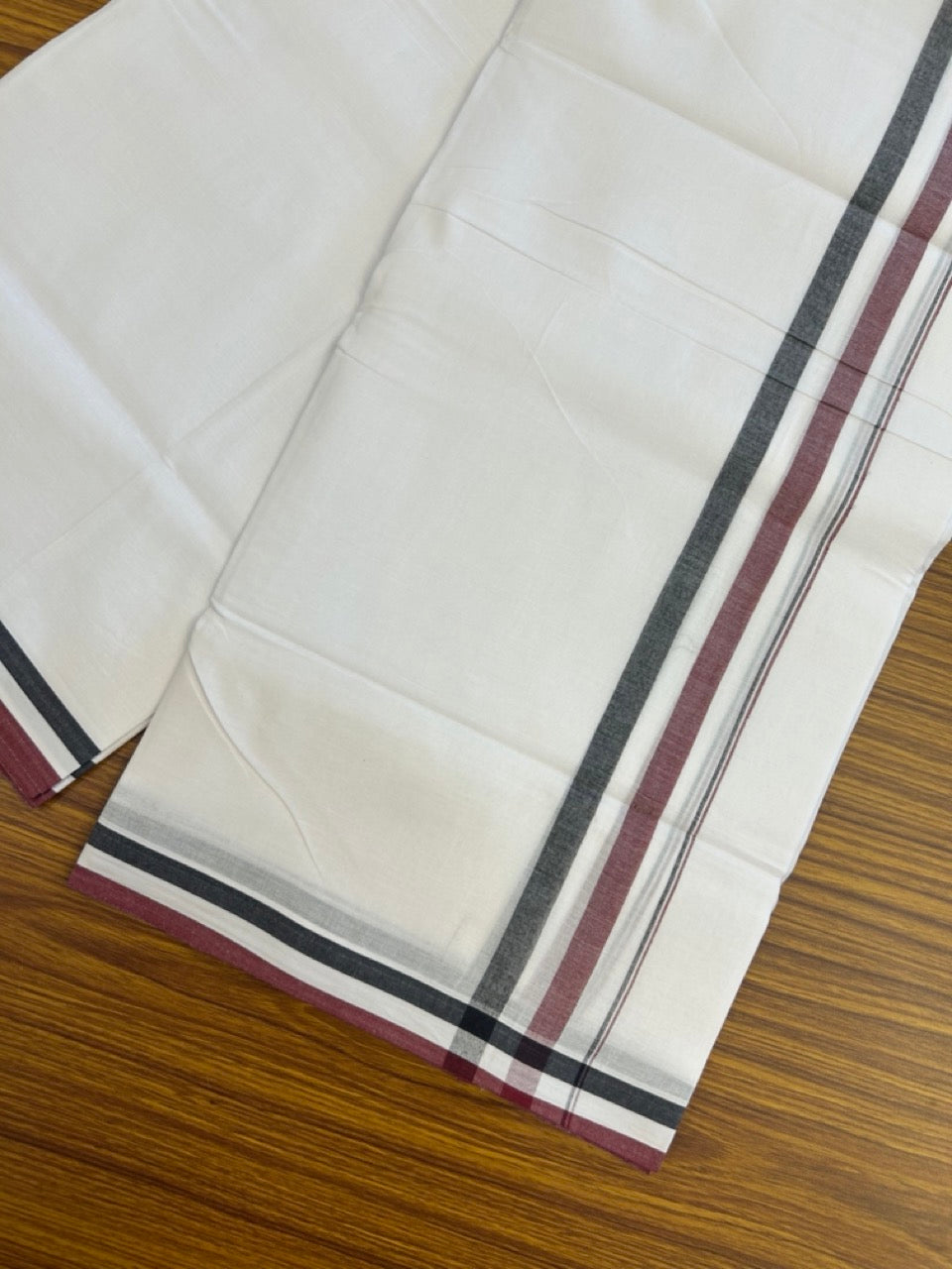 Admk Veshti - 20% Discount! KaithariKada 100% Cotton Pure white Double - (Unbleached) Mundu/Dhoti - 100X100 - 1.5 inch Black White & Maroon Shaded kara - 47 KK5297 ASH