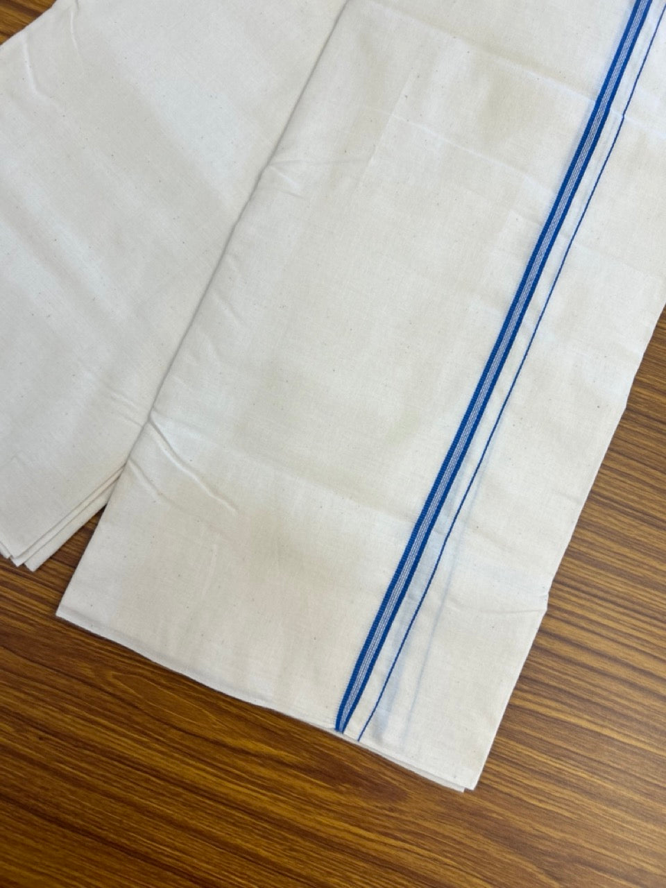 25% Discount!! Signature Kaitharikada Exclusive Single Dhoti - 100% Cotton Balaramapuram Handloom Single Mundu/Dhoti - Off White (Unbleached)- 1 cm Blue Striped Kara (2 meter / 4 muzham) - 1 KK5304KAI