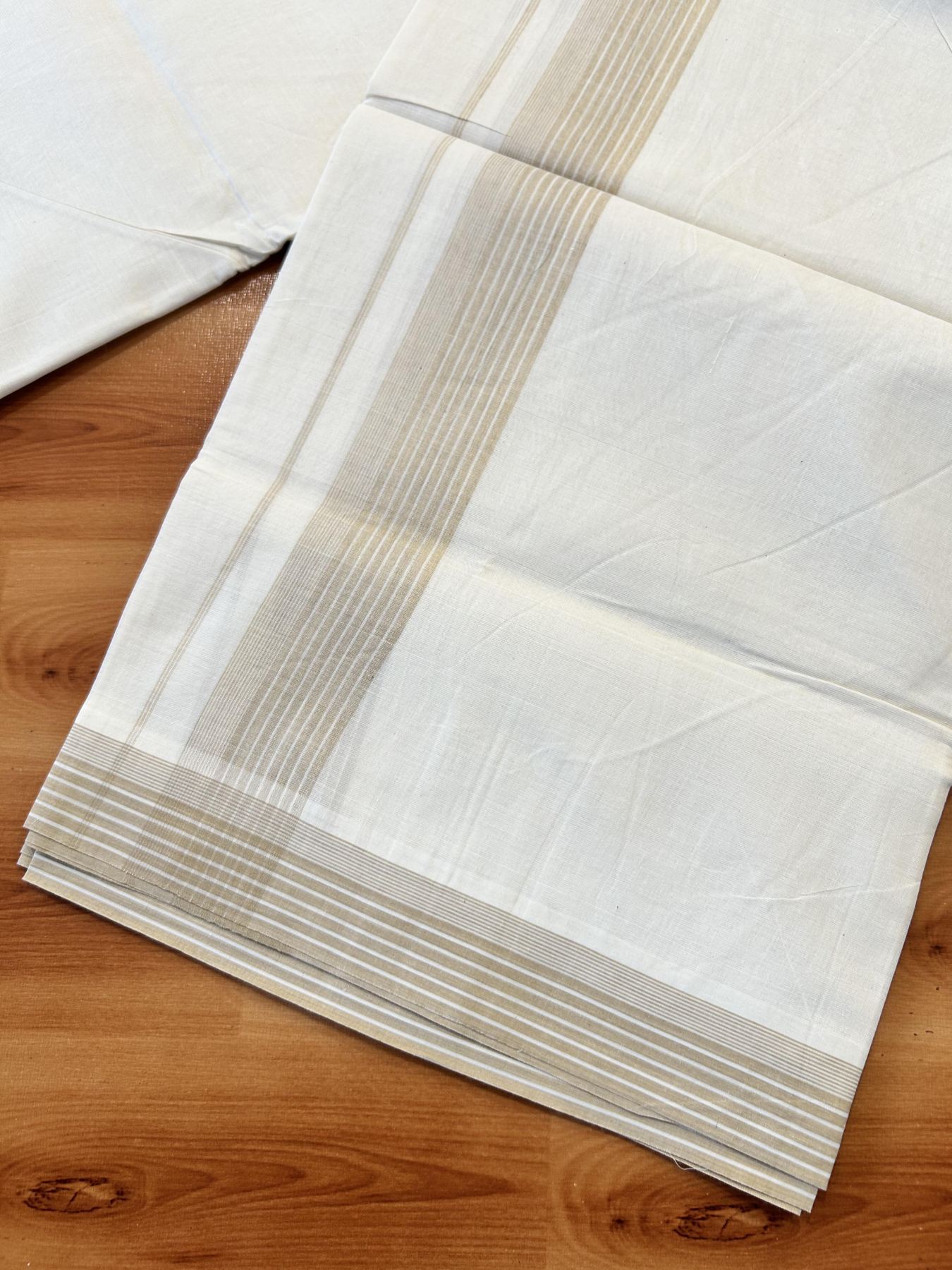 Double Off White (Unbleached) Mundu/Dhoti - 20% Discount! KaithariKada 100% Cotton - 100X80 - 1.5 inch Sandalwood Brown Stripes Kara 4 mtr (8.5 Muzham) - 27 KK5451 THI