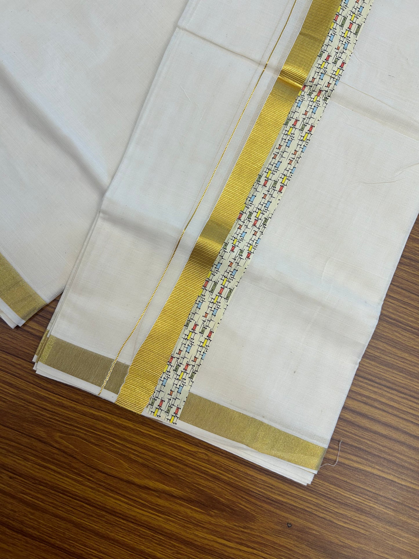 20% Discount!! KaithariKada Balaramapuram 100% Cotton Double Off White - (Unbleached) Mundu/Dhoti - 60s - 2 inch Gold Kasav & Printed Design Kara - 35 KK5362 GAN