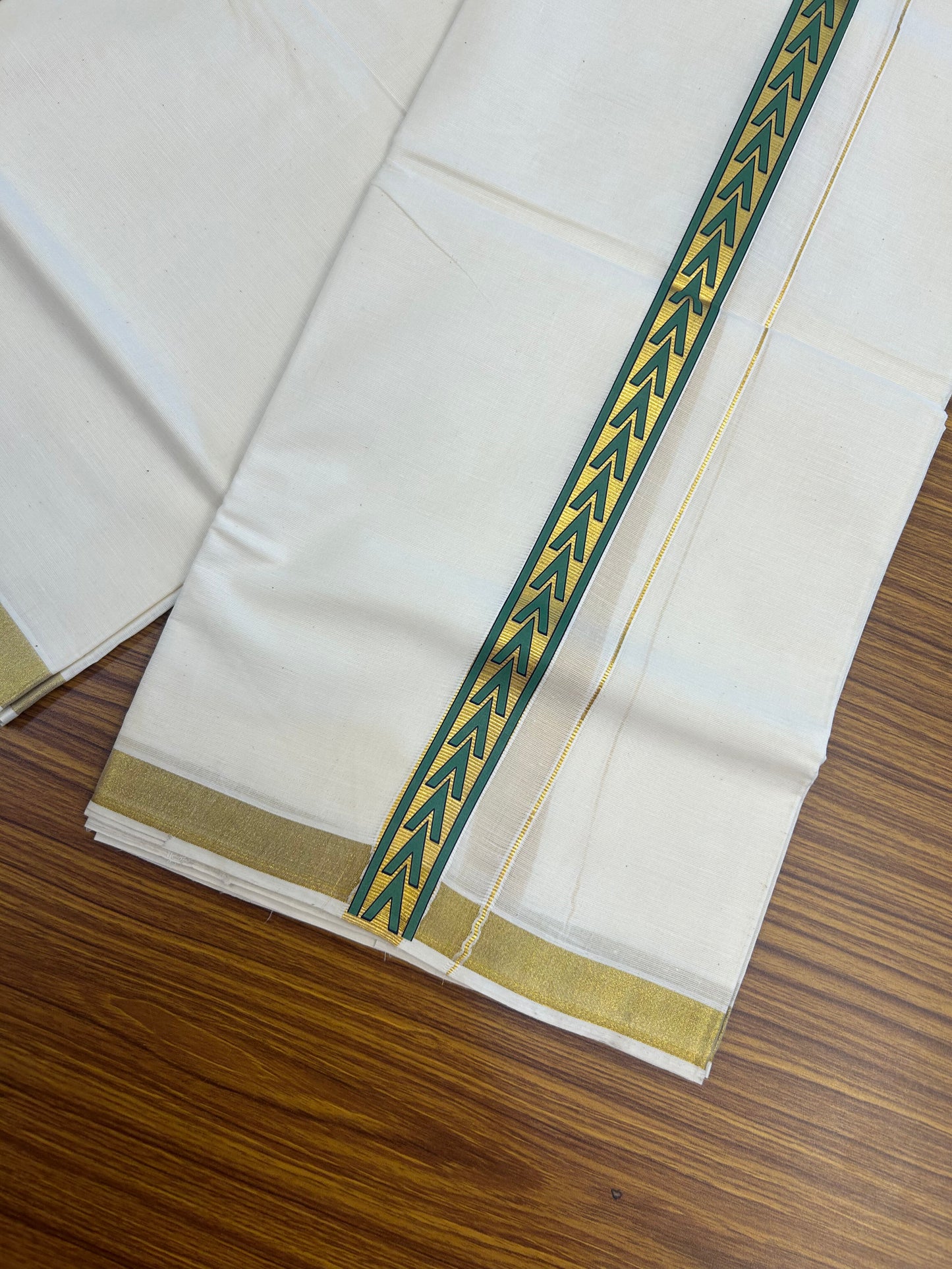 20% Discount!! KaithariKada Balaramapuram 100% Cotton Double Off White - (Unbleached) Mundu/Dhoti - 60x60 - 1 inch Gold Kasav with Green & Black Arrow Printed Design Kara - 80 KK5362 GAN