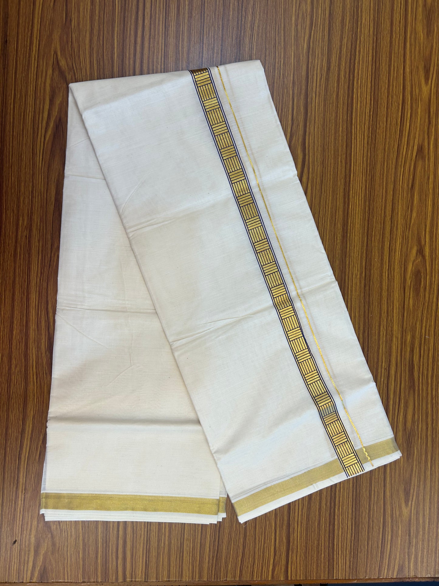 20% Discount!! KaithariKada Balaramapuram 100% Cotton Double Off White - (Unbleached) Mundu/Dhoti (60s) - 1 inch Gold Kasav Dark Blue Pattern Printed Kara - 82 KK5362 GAN