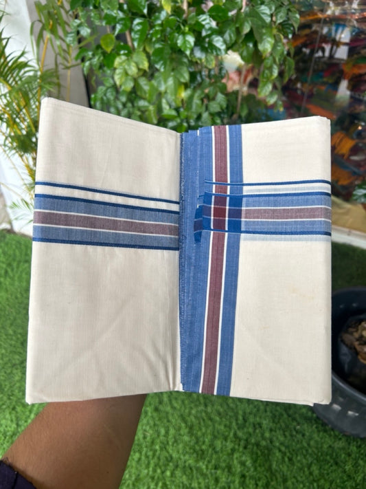 15% Discount KaithariKada Balaramapuram 100% Cotton Double Off white - (Unbleached) - Mundu/Dhoti - 100x100 - 1.5 inch Blue & Brown Striped Kara - 5KK5178ASH