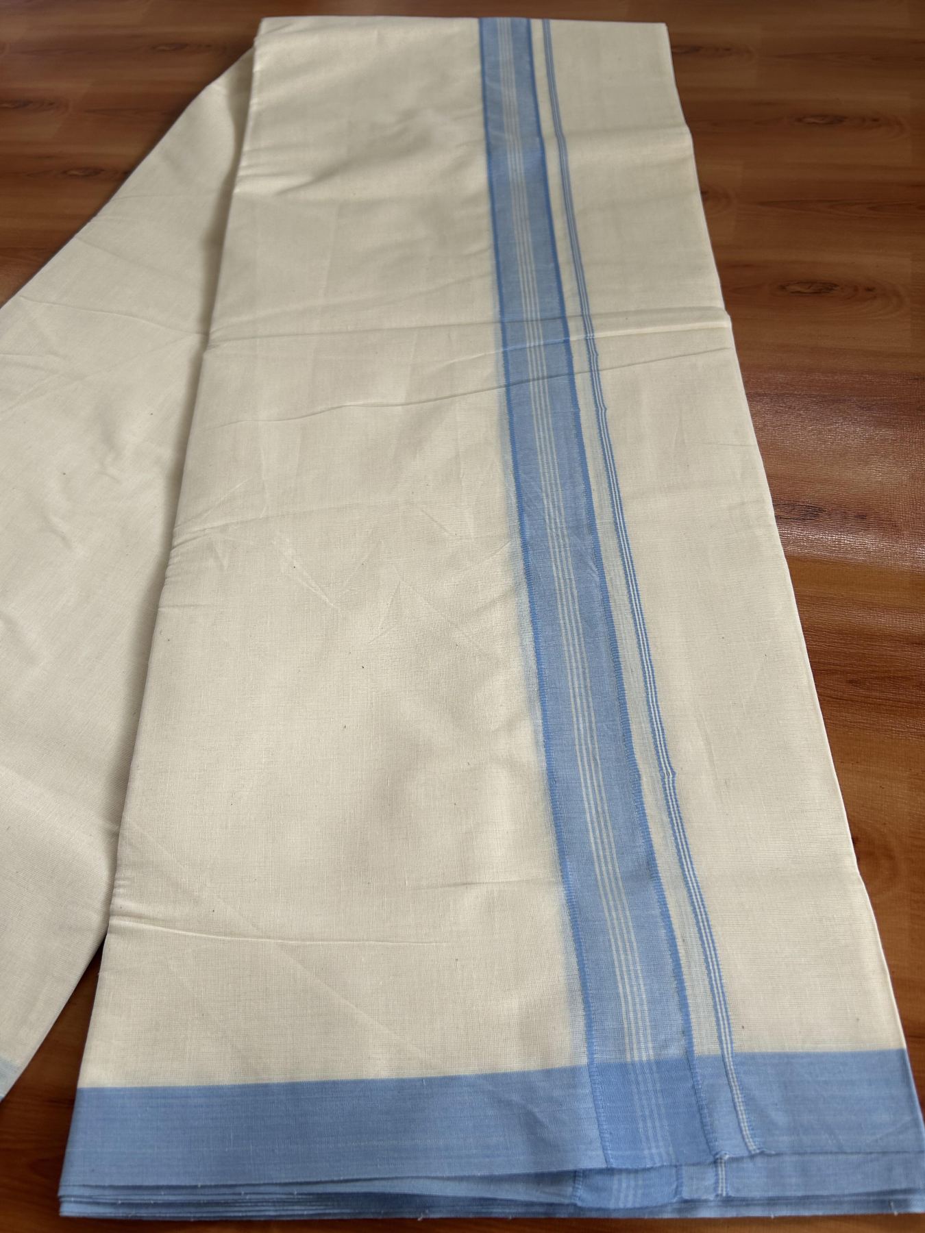 Double Off white (Unbleached) Mundu/Dhoti - 20% Discount KaithariKada Balaramapuram 100% Cotton - 100x100 - 1.25 inch Sky Blue Shaded Striped Kara - 34 KK5392 ASH
