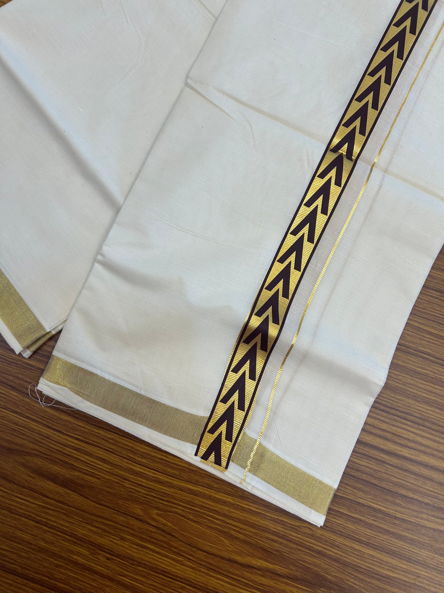 20% Discount!! KaithariKada Balaramapuram 100% Cotton Double Off White - (Unbleached) Mundu/Dhoti - 60x60 - 1 inch Gold Kasav with Chocolate Brown Arrow Printed Design Kara - 81 KK5362 GAN