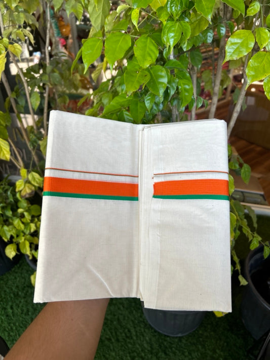 BJP VESHTI - 20% DISCOUNT! KaithariKada 100% Cotton off white Double - (Unbleached) Mundu/Dhoti - 100X80 - 1 inch Orange & Green Kara - 8 KK5303 ASH