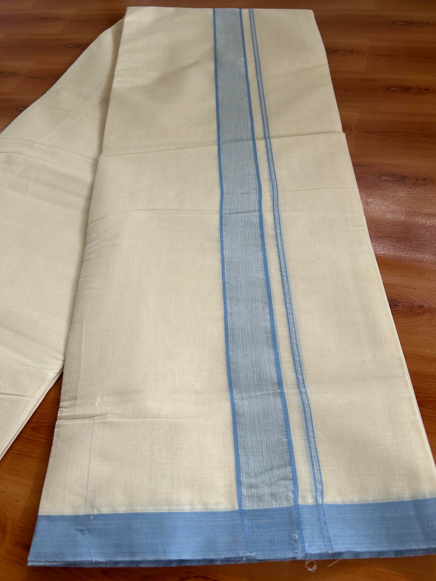 Double Off white (Unbleached) Mundu/Dhoti - 20% Discount KaithariKada Balaramapuram 100% Cotton - 100x100 - 1.25 inch Light Blue Shaded Kara - 44 KK5392 ASH