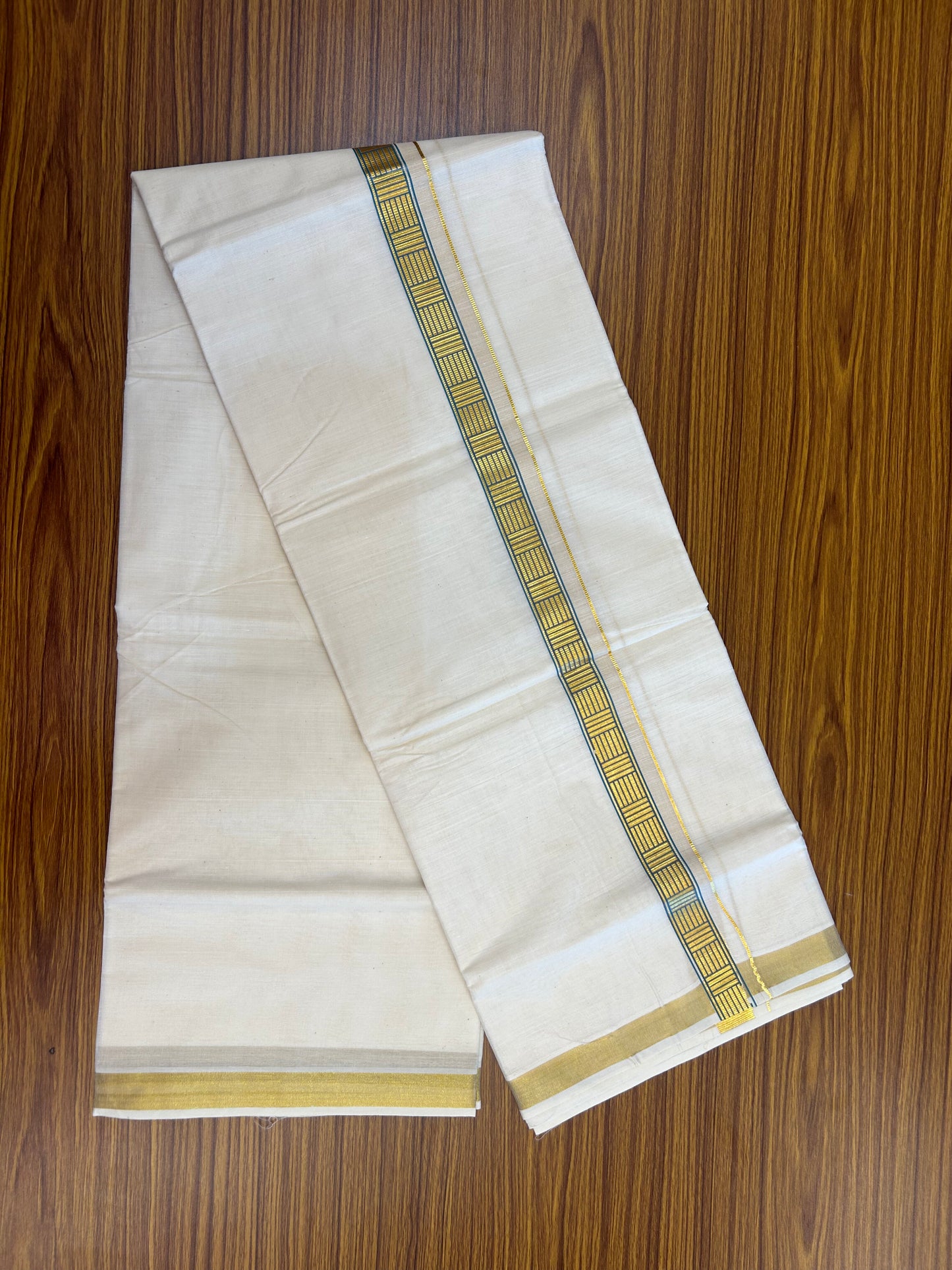 20% Discount!! KaithariKada Balaramapuram 100% Cotton Double Off White - (Unbleached) Mundu/Dhoti (60s) - 1 inch Gold Kasav Peacock Blue Pattern Printed Kara - 60 KK5362 GAN