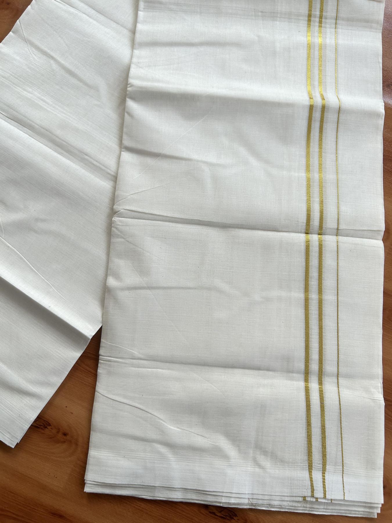 Double Off White (Unbleached) Mundu/Dothi- 20% Discount! Kaitharikada Balaramapuram Pure Cotton - 100x80 - 0.5 inch Gold Kasav Kara 4 mtr (8.5 muzham) - 35 KK5452 THI