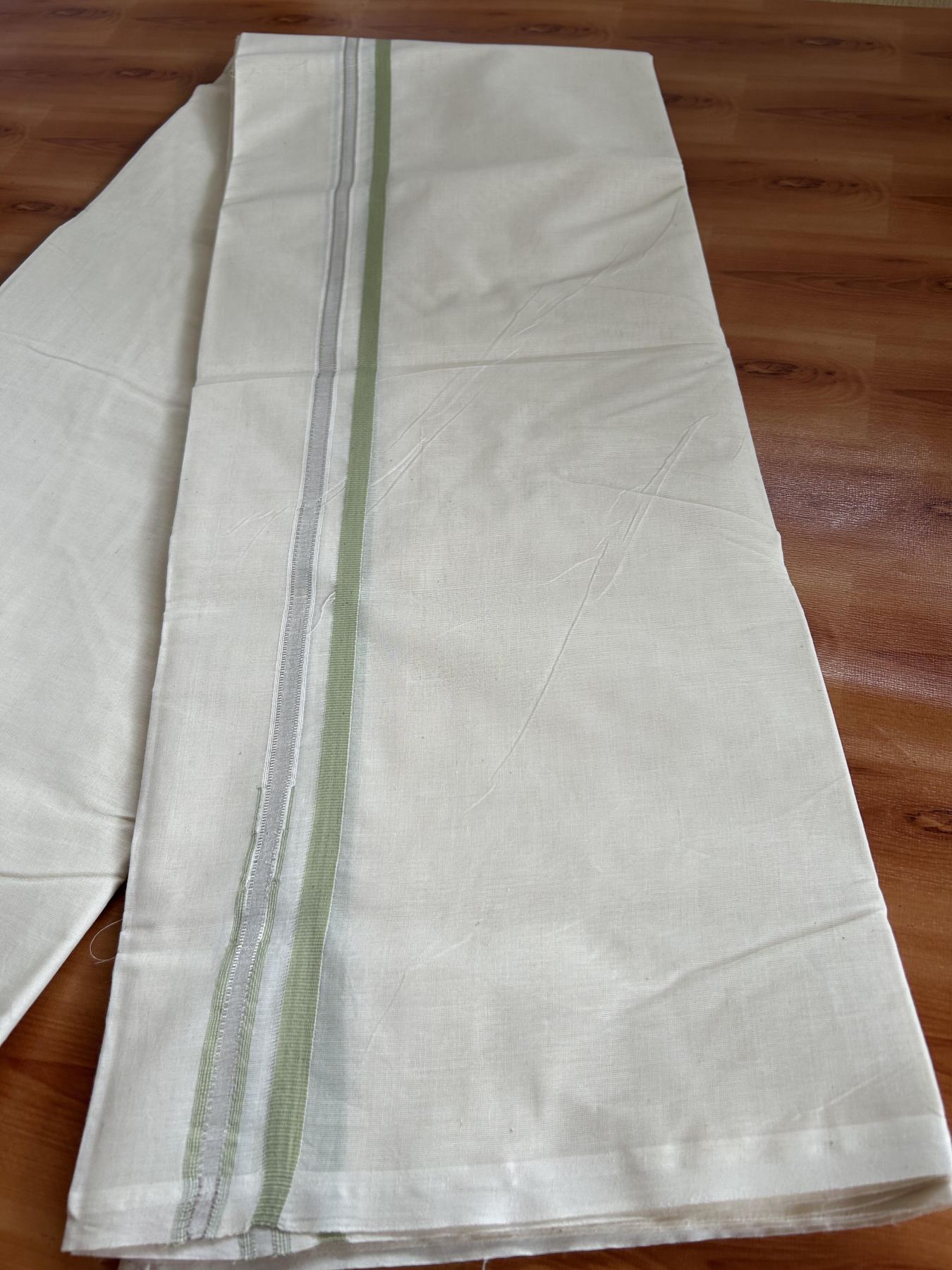 Double Off White Double (Unbleached) Mundu/Dhoti- 20% Discount! KaithariKada Balaramapuram 100% Cotton -100x100 - 1 cm Puliyilakkara Silver Kasav & Light Olive Green Chutty Kara - 35 KK5392 ASH