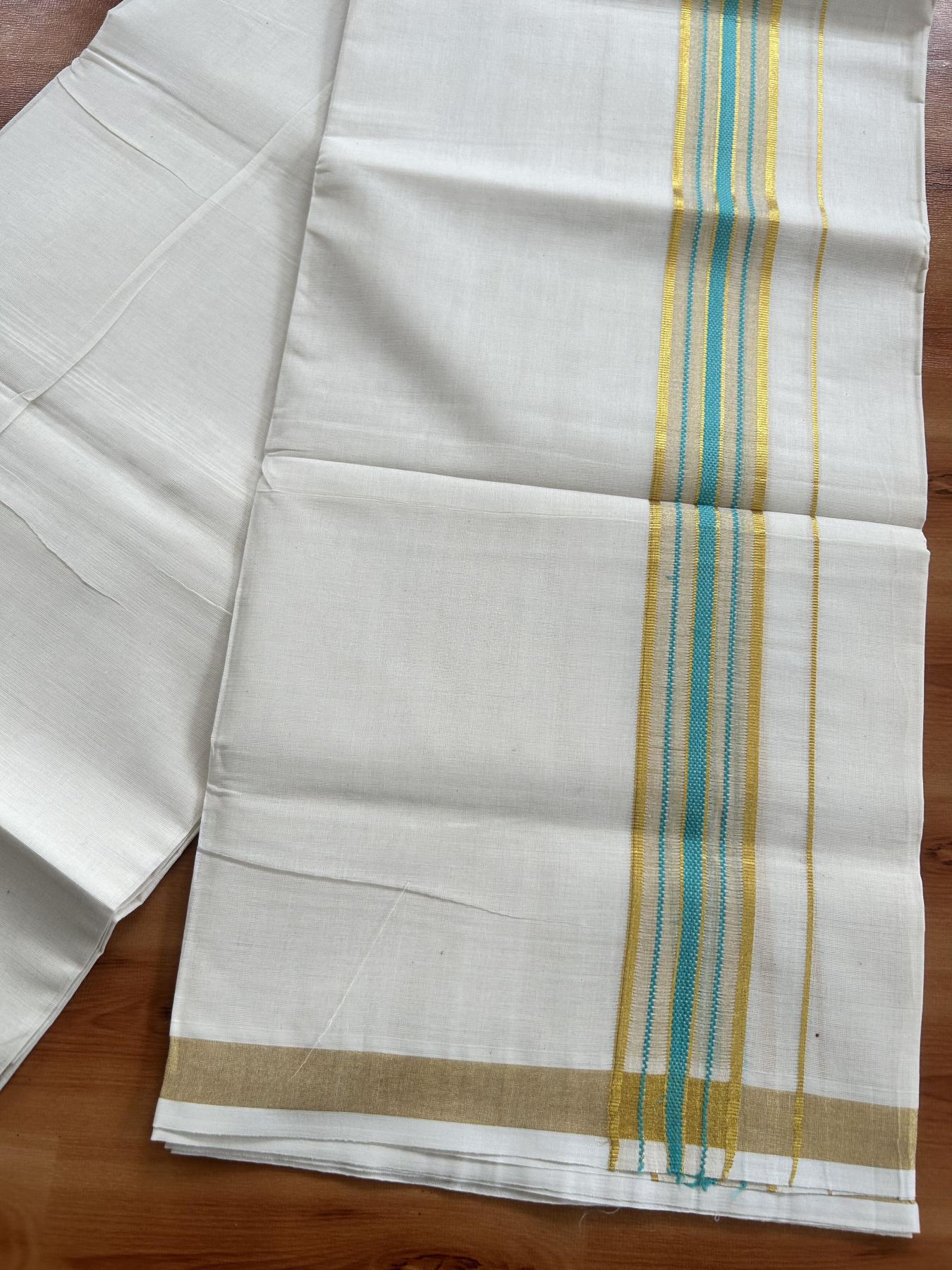Double Off White (Unbleached) Mundu/Dothi- 20% Discount! Kaitharikada Balaramapuram Pure Cotton - 100x80 - 1.5 inch Gold Kasav & Turquoise Center Tissue Striped Kara 4 mtr (8.5 muzham) - 41 KK5452 THI