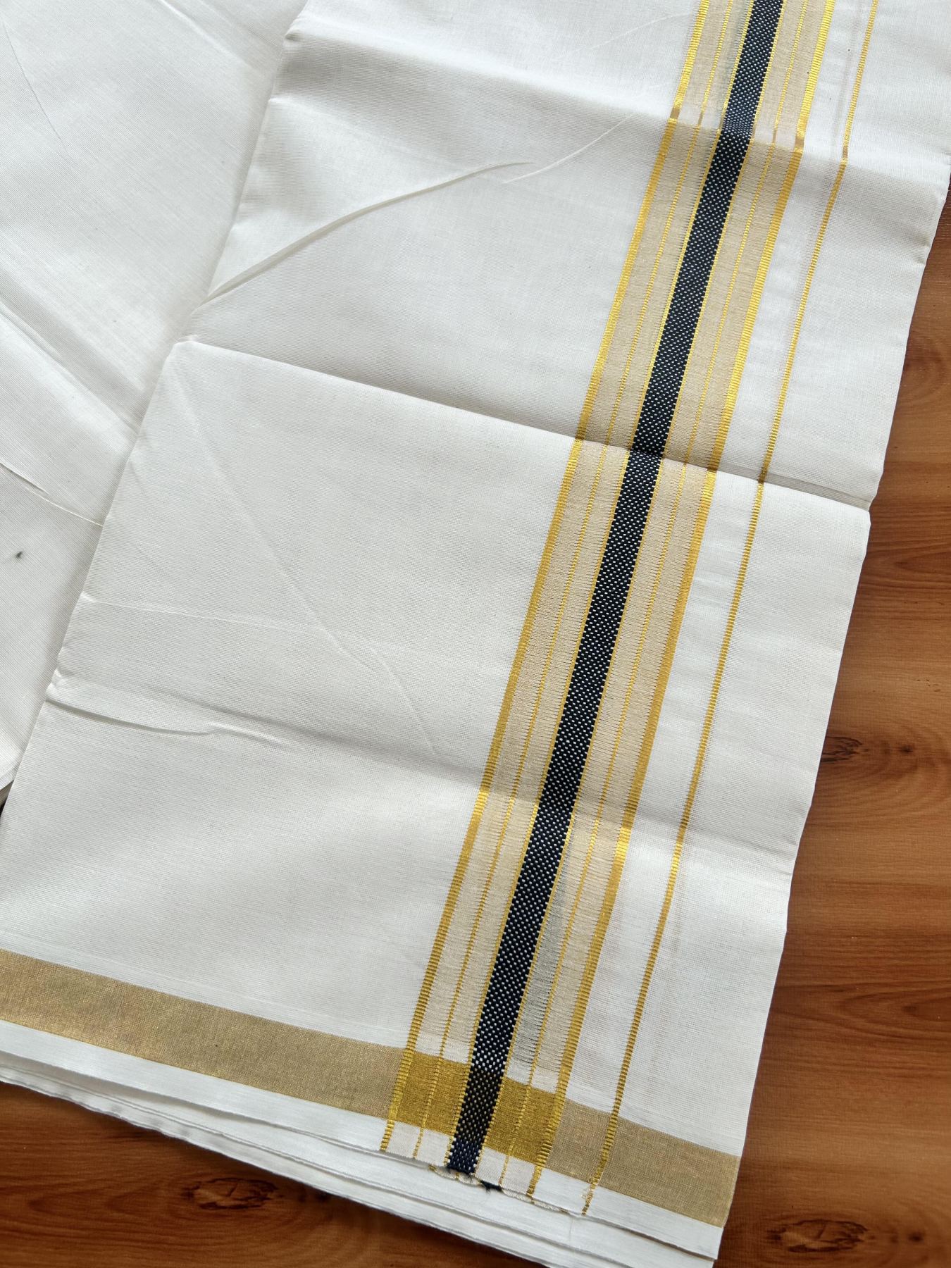 Double Off White (Unbleached) Mundu/Dothi- 20% Discount! Kaitharikada Balaramapuram Pure Cotton - 100x80 - 1.5 inch Gold Kasav & Navy Blue Center Tissue Striped Kara 4 mtr (8.5 muzham) - 47 KK5452 THI