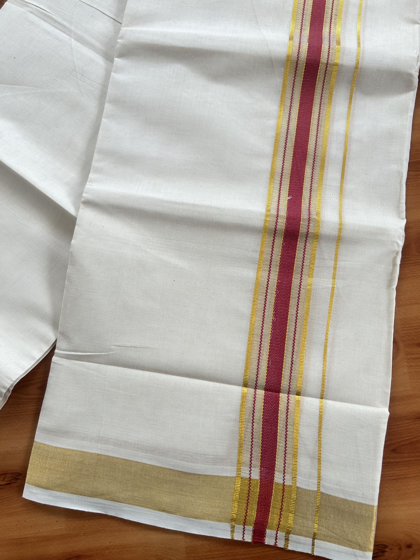Double Off White (Unbleached) Mundu/Dothi- 20% Discount! Kaitharikada Balaramapuram Pure Cotton - 100x80 - 1.5 inch Gold Kasav & Reddish Pink Center Tissue Striped Kara 4 mtr (8.5 muzham) - 38 KK5452 THI