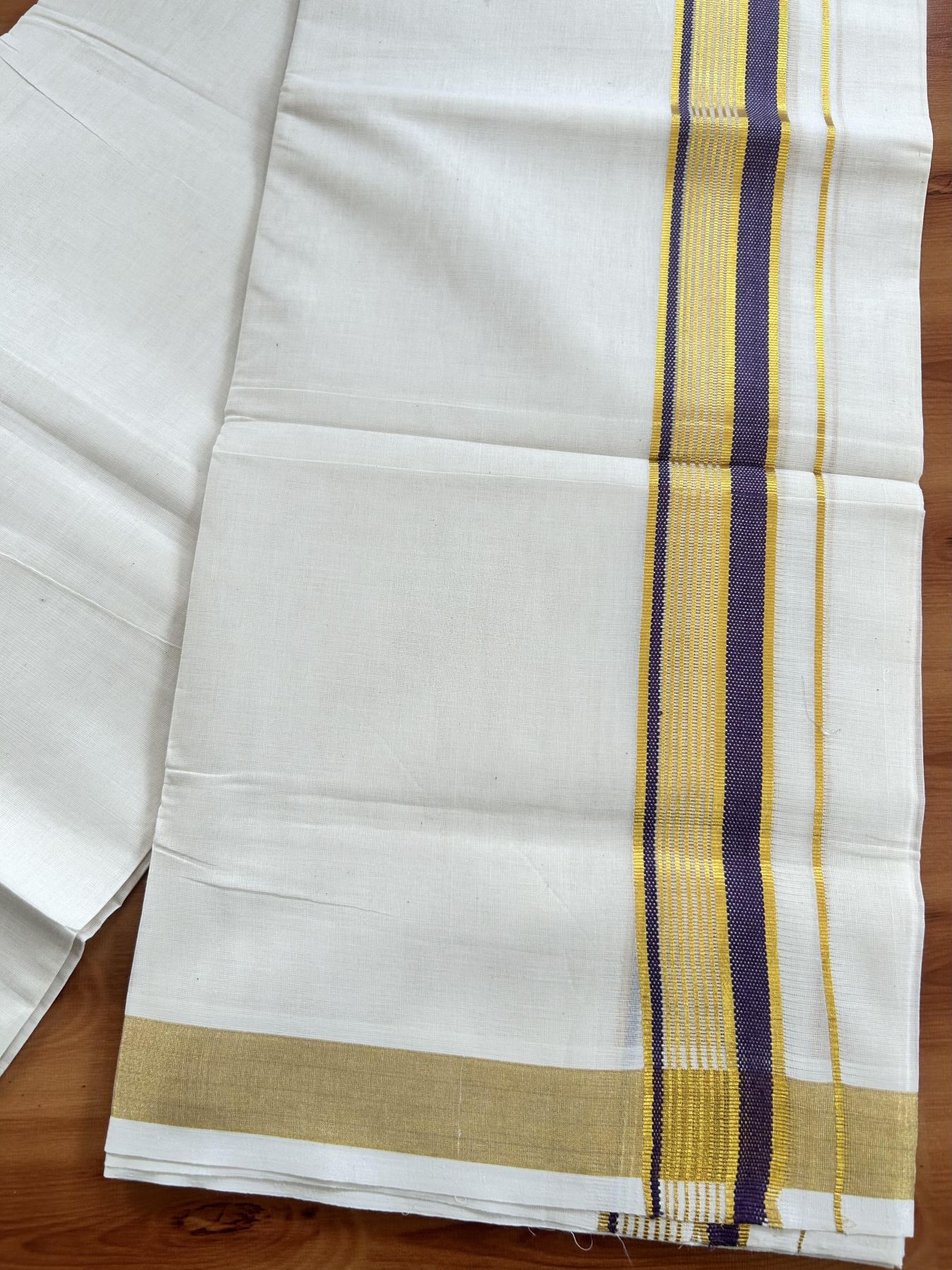 Double Off White (Unbleached) Mundu/Dothi- 20% Discount! Kaitharikada Balaramapuram Pure Cotton - 100x80 - 1.5 inch Gold Kasav & Dark Purple Striped Kara 4 mtr (8.5 muzham) - 44 KK5452 THI