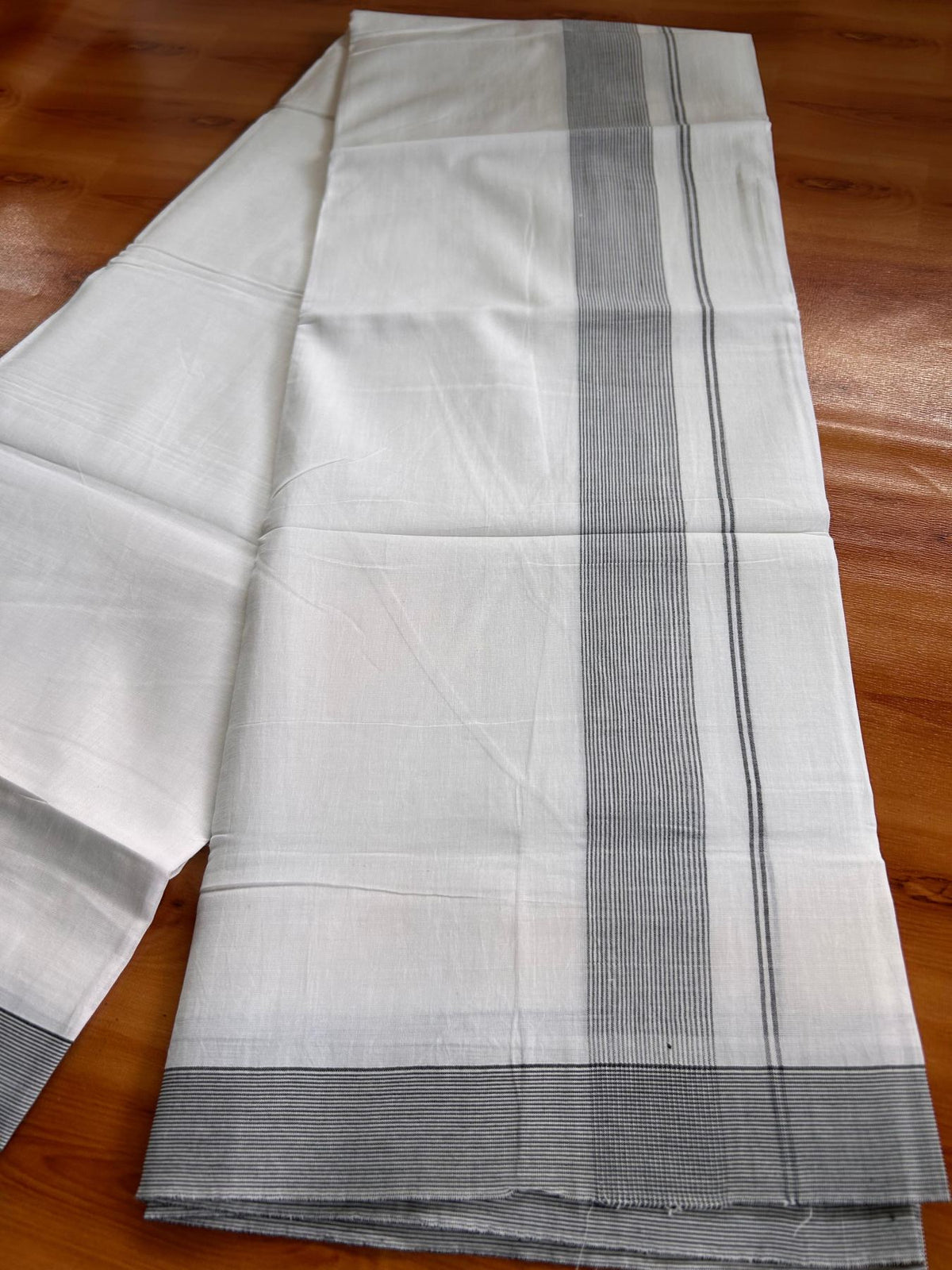 Double Pure White Mundu/Dhoti -20% Discount! KaithariKada 100% Cotton - 100x80 - 1.5 Inch Black Striped Kara - 3.80 mtr (8 muzham) - 6 KK5519 PMC
