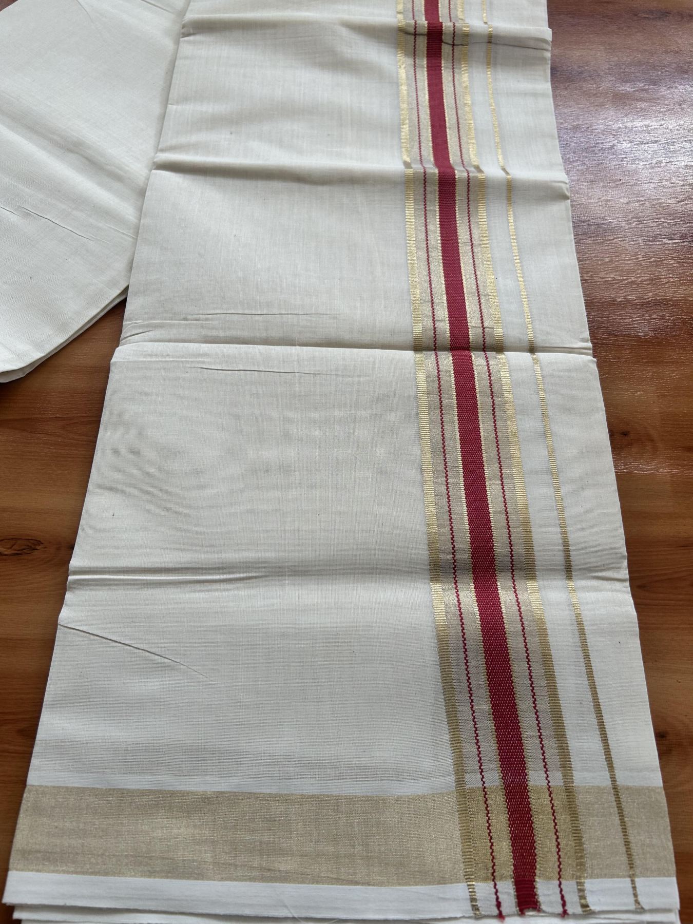 Double Off White (Unbleached) Mundu/Dothi- 20% Discount! Kaitharikada Balaramapuram Pure Cotton - 100x80 - 1.5 inch Light Gold Kasav & Reddish Pink Center Tissue Striped Kara 4 mtr (8.5 muzham) - 39 KK5452 THI