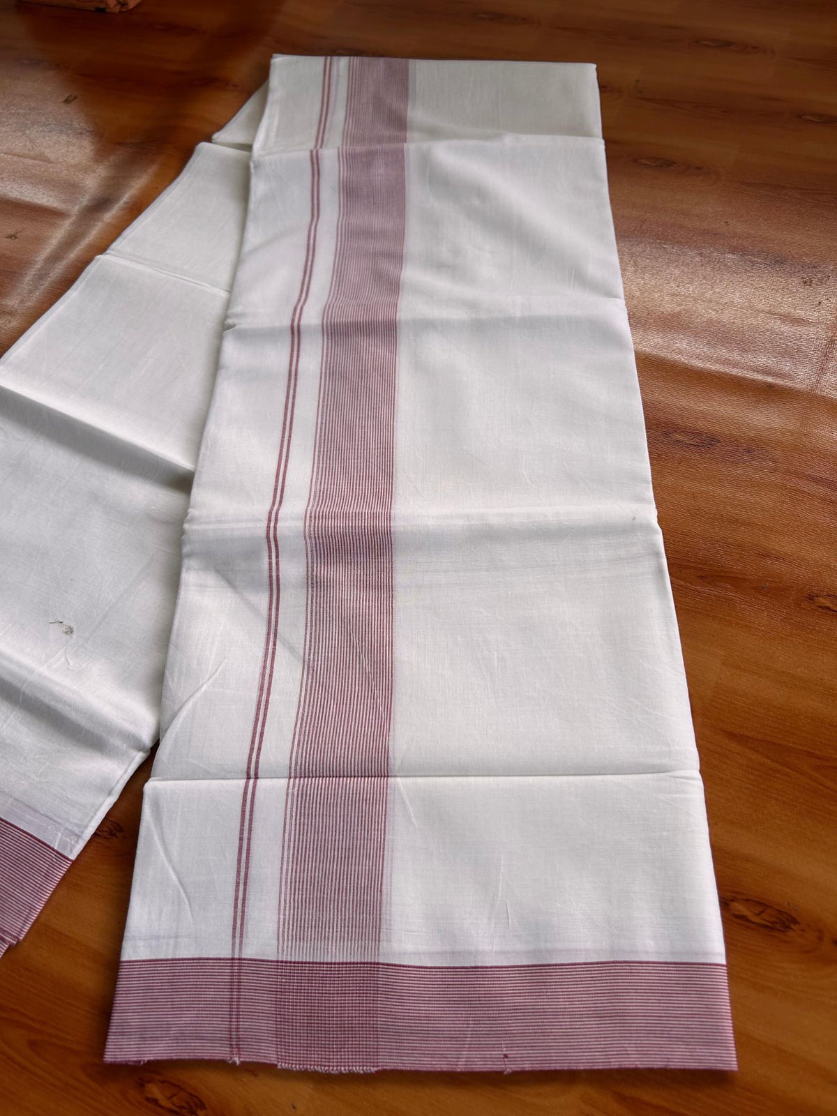 Double Pure White Mundu/Dhoti -20% Discount! KaithariKada 100% Cotton - 100x80 - 1.75 Inch Light Maroon Striped Kara - 3.80 mtr (8 muzham) - 9 KK5519 PMC