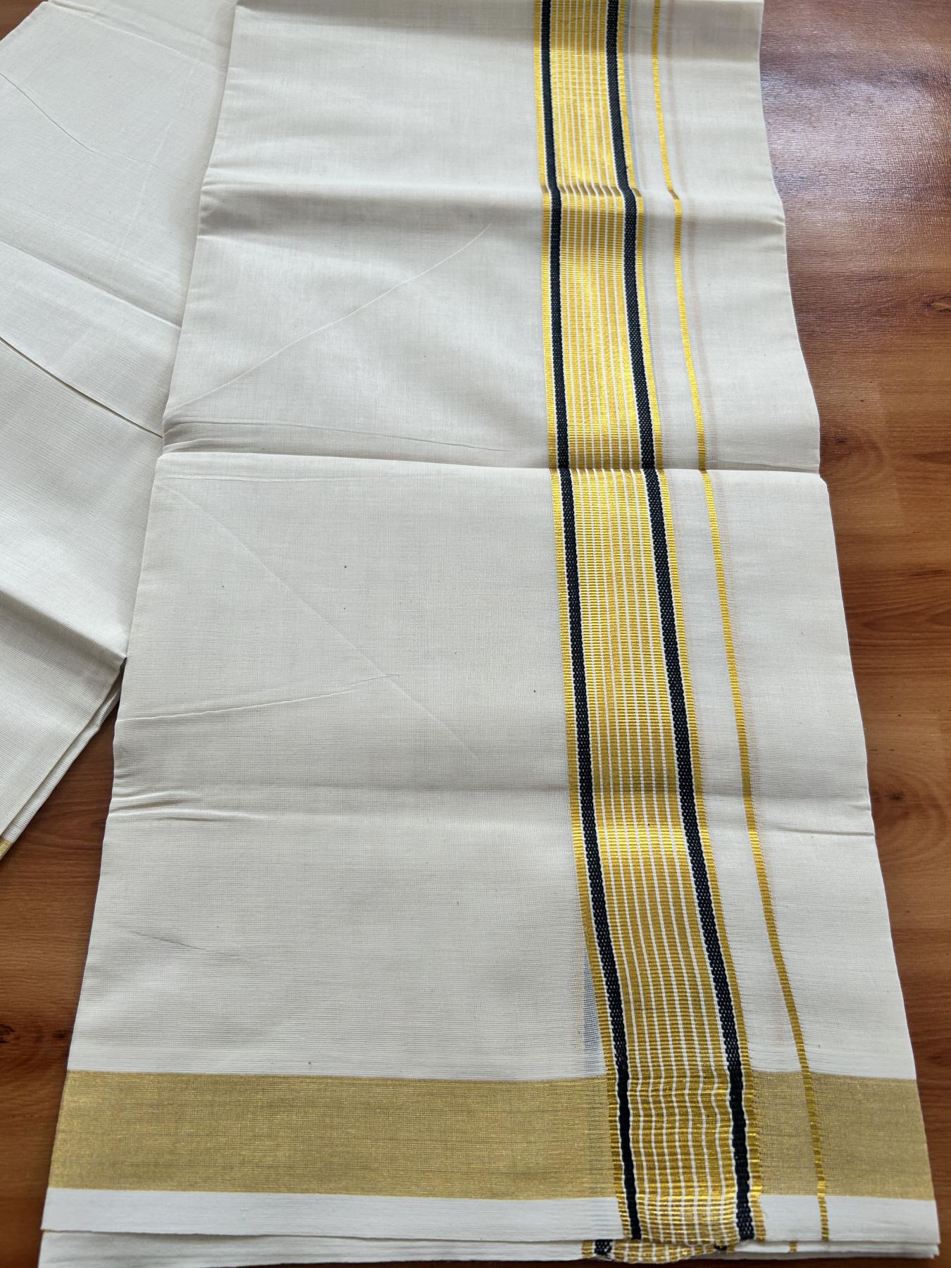 Double Off White (Unbleached) Mundu/Dothi- 20% Discount! Kaitharikada Balaramapuram Pure Cotton - 100x80 - 1.5 inch Gold Kasav & Ash Black Striped Kara 4 mtr (8.5 muzham) - 49 KK5452 THI