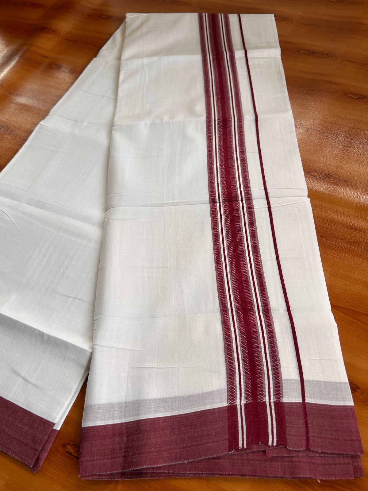 Double Pure White Mundu/Dhoti -20% Discount! KaithariKada 100% Cotton - 100x80 - 1.75 Inch Maroon Shaded Striped Kara - 3.80 mtr (8 muzham) - 13 KK5519 PMC