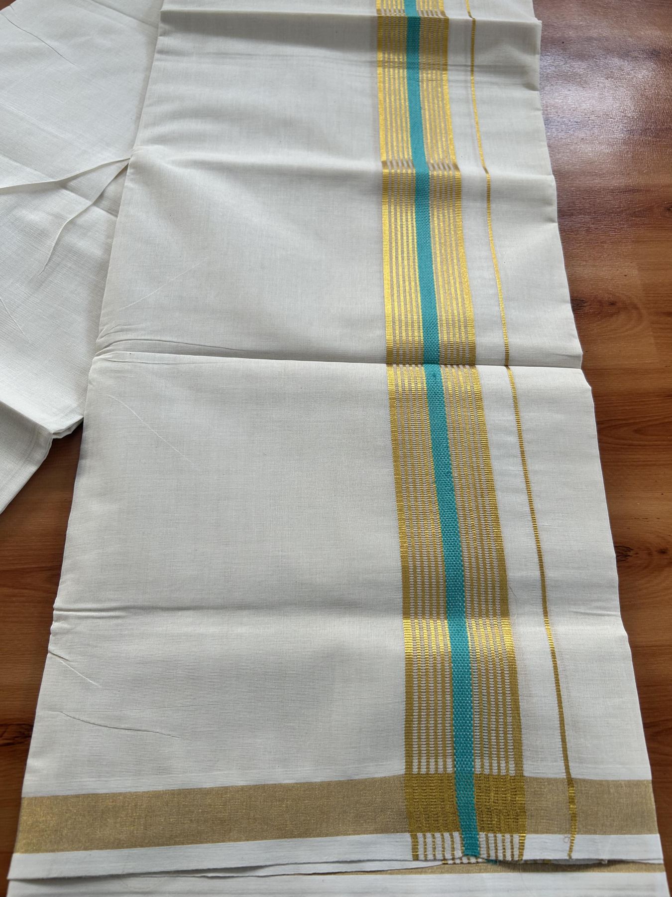 Double Off White (Unbleached) Mundu/Dothi- 20% Discount! Kaitharikada Balaramapuram Pure Cotton - 100x80 - 1.5 inch Gold Kasav & Turquoise Striped Kara 4 mtr (8.5 muzham) - 42 KK5452 THI