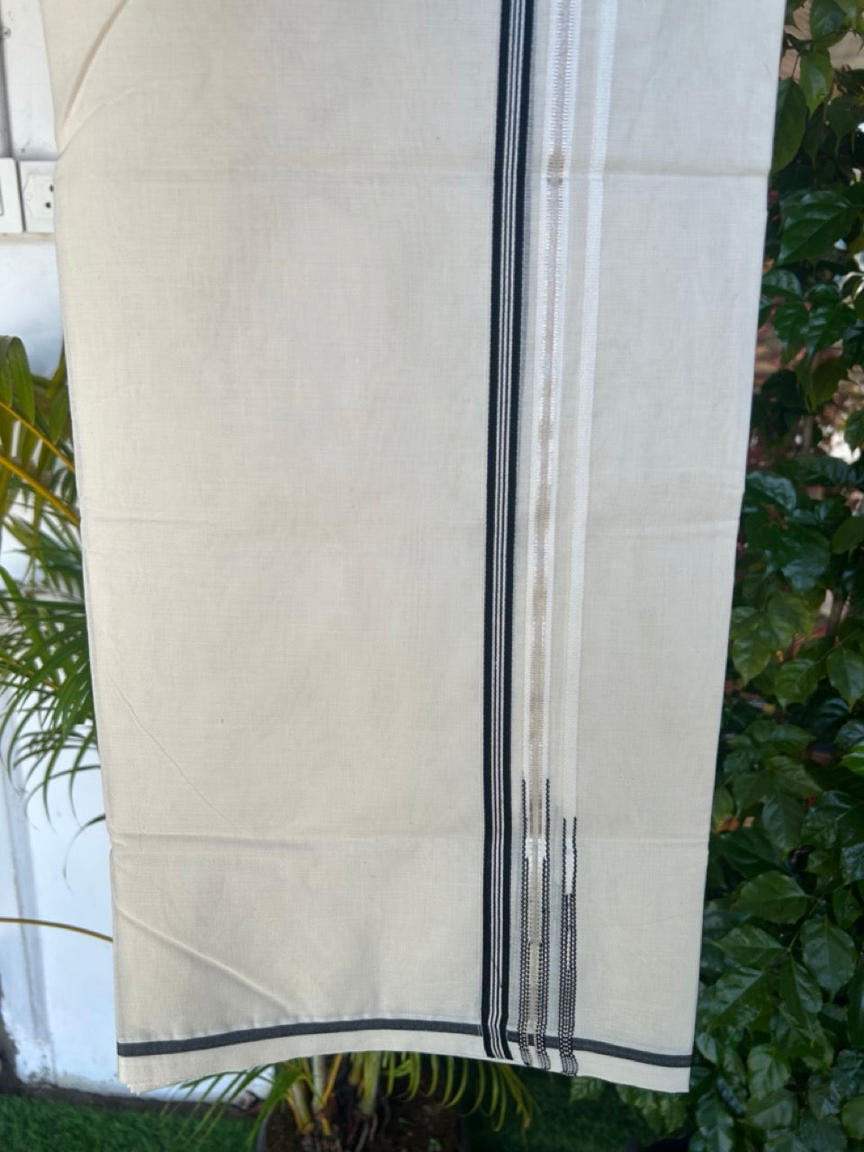 21% Discount! KaithariKada Balaramapuram 100% Cotton Off White - (Unbleached) - Double Mundu/Dhoti-100x100 - 0.5 inch Puliyilakkara Black & Silver Kasavu Striped Double Chutty Kara - 5KK5179ASH