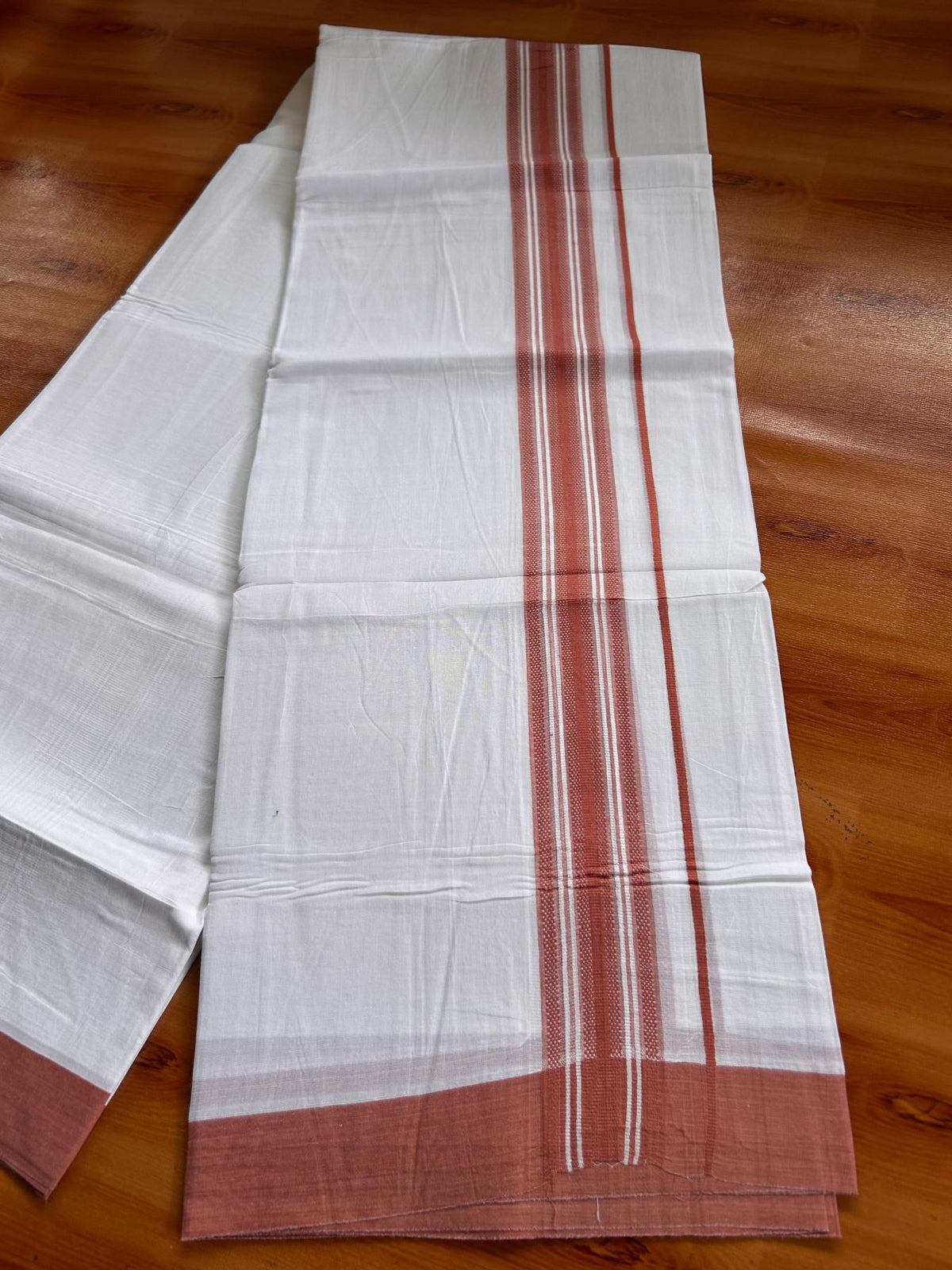 Double Pure White Mundu/Dhoti -20% Discount! KaithariKada 100% Cotton - 100x80 - 1.5 Inch Burnt Peach Shaded Striped Kara - 3.80 mtr (8 muzham) - 15 KK5519 PMC