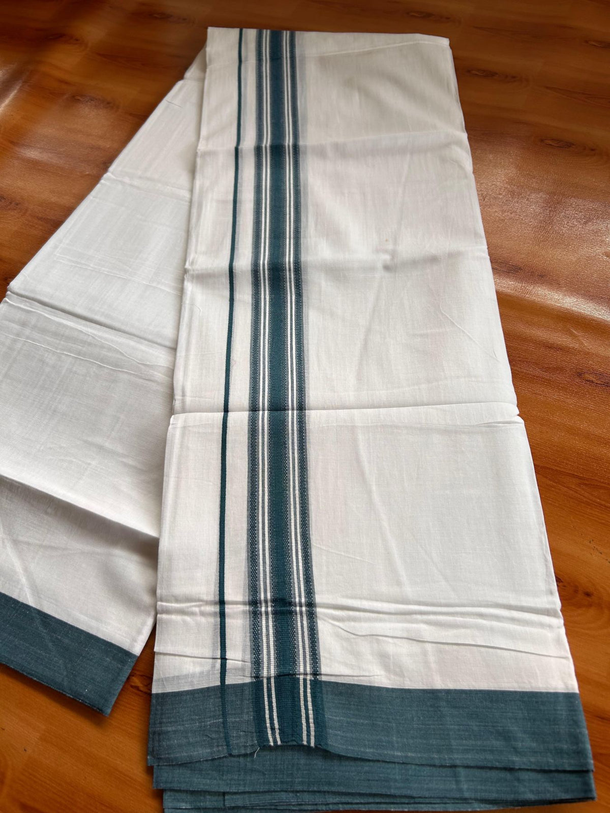 Double Pure White Mundu/Dhoti -20% Discount! KaithariKada 100% Cotton - 100x80 - 1.5 Inch Light Peacock Blue Shaded Striped Kara - 3.80 mtr (8 muzham) - 20 KK5519 PMC
