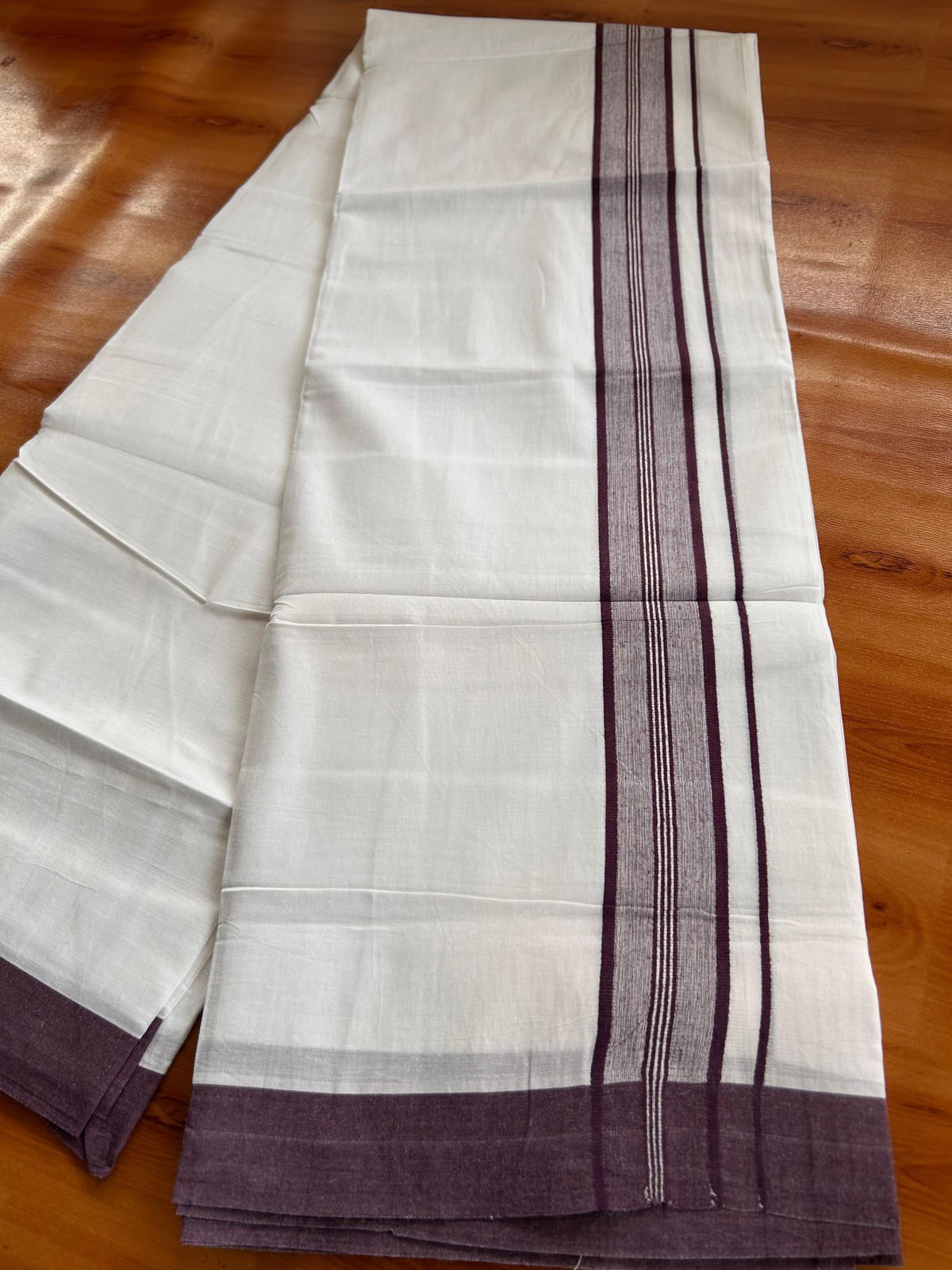 Double Pure White Mundu/Dhoti -20% Discount! KaithariKada 100% Cotton - 100x80 - 1.75 Inch Dark Purple Shaded Striped Kara - 3.80 mtr (8 muzham) - 22 KK5519 PMC