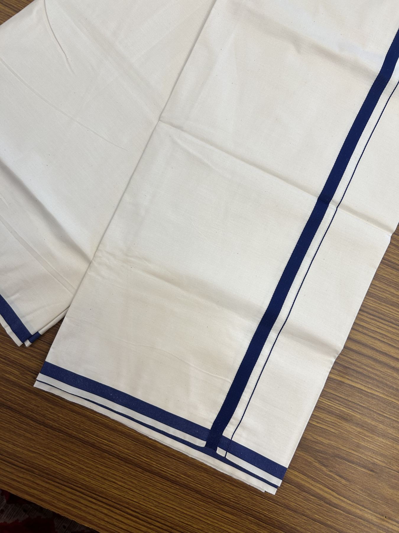 10% Discount ! KaithariKada Balaramapuram 100% Cotton Single Off white (Unbleached) Mundu/Dhoti - 40s - 1 cm Navy Blue Kara (2 meter / 4 muzham) - 2 KK5339 MC