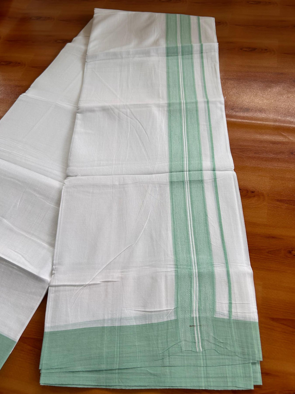 Double Pure White Mundu/Dhoti -20% Discount! KaithariKada 100% Cotton - 100x80 - 1.75 Inch Light Mint Green Shaded Striped Kara - 3.80 mtr (8 muzham) - 25 KK5519 PMC