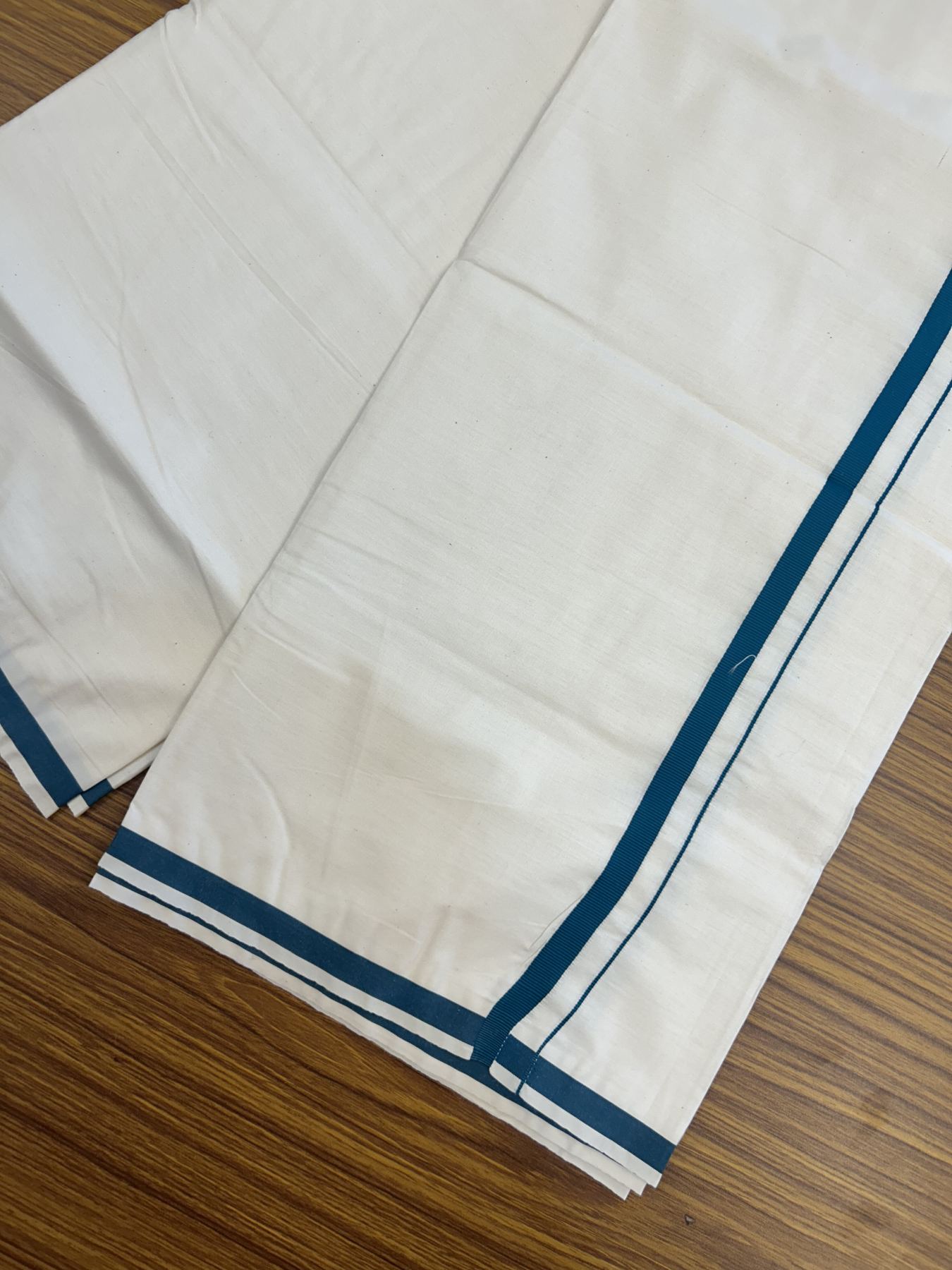 10% Discount ! KaithariKada Balaramapuram 100% Cotton Single Off white (Unbleached) Mundu/Dhoti - 40s - 1 cm Peacock Green Kara (2 meter / 4 muzham) - 5 KK5339 MC