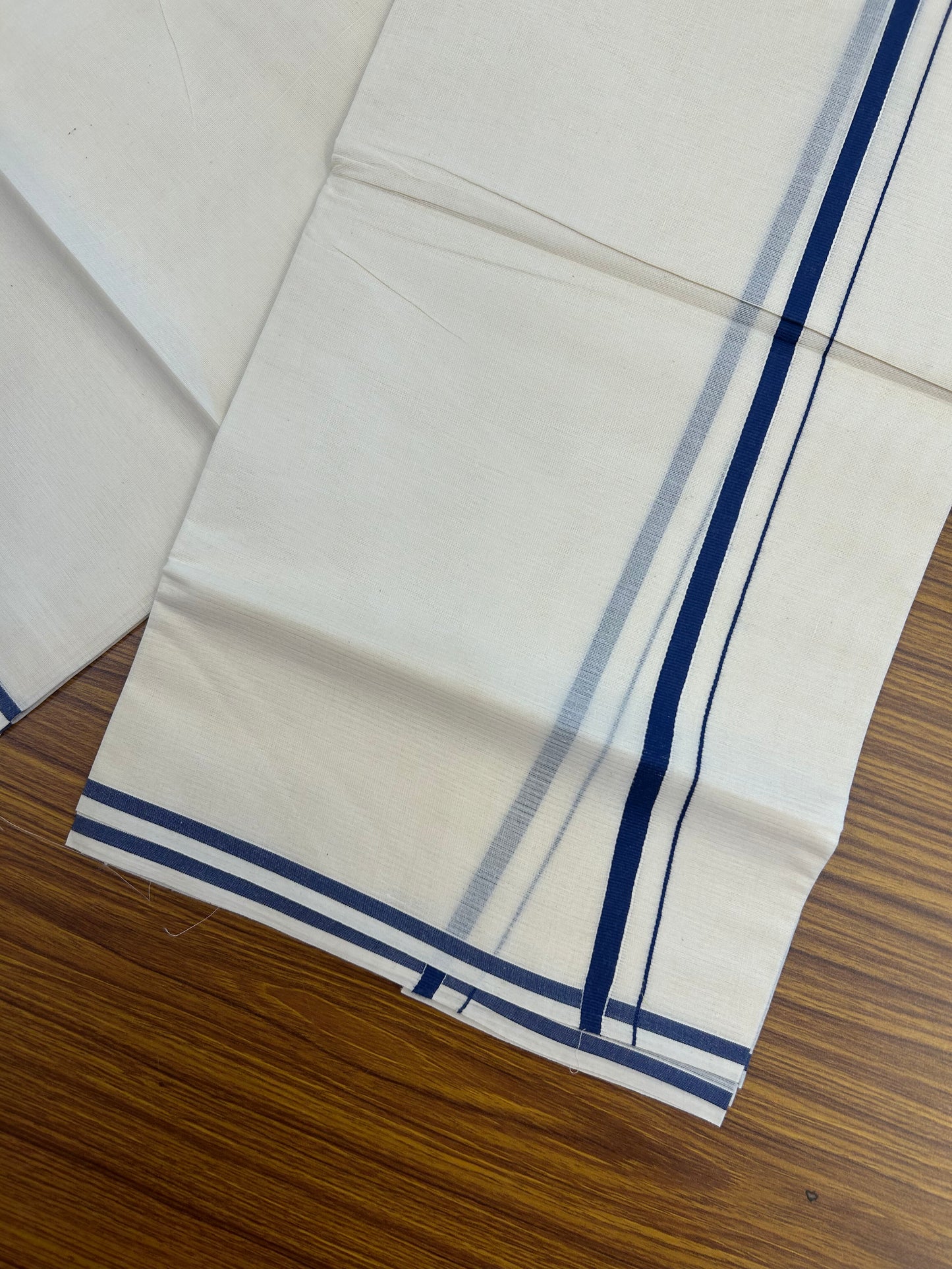 20% Discount! KaithariKada Balaramapuram 100% Cotton Double Off white - (Unbleached) - Mundu/Dhoti (80s) - 1 cm Dark Blue Kara 4 mtr (8.5 muzham) - 52 KK5362 GAN