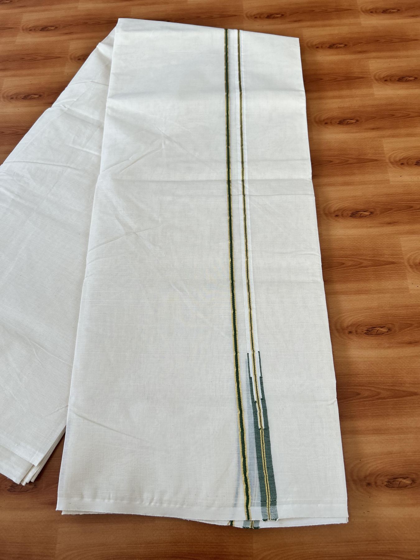 Double Off white Mundu/Dhoti - 20% Discount! KaithariKada 100% Cotton - 100x100 - 1 cm Puliyilakkara Gold Kasav & Green Chutty Kara 4 mtr (8.5 muzham) - 10 KK5453 ASH