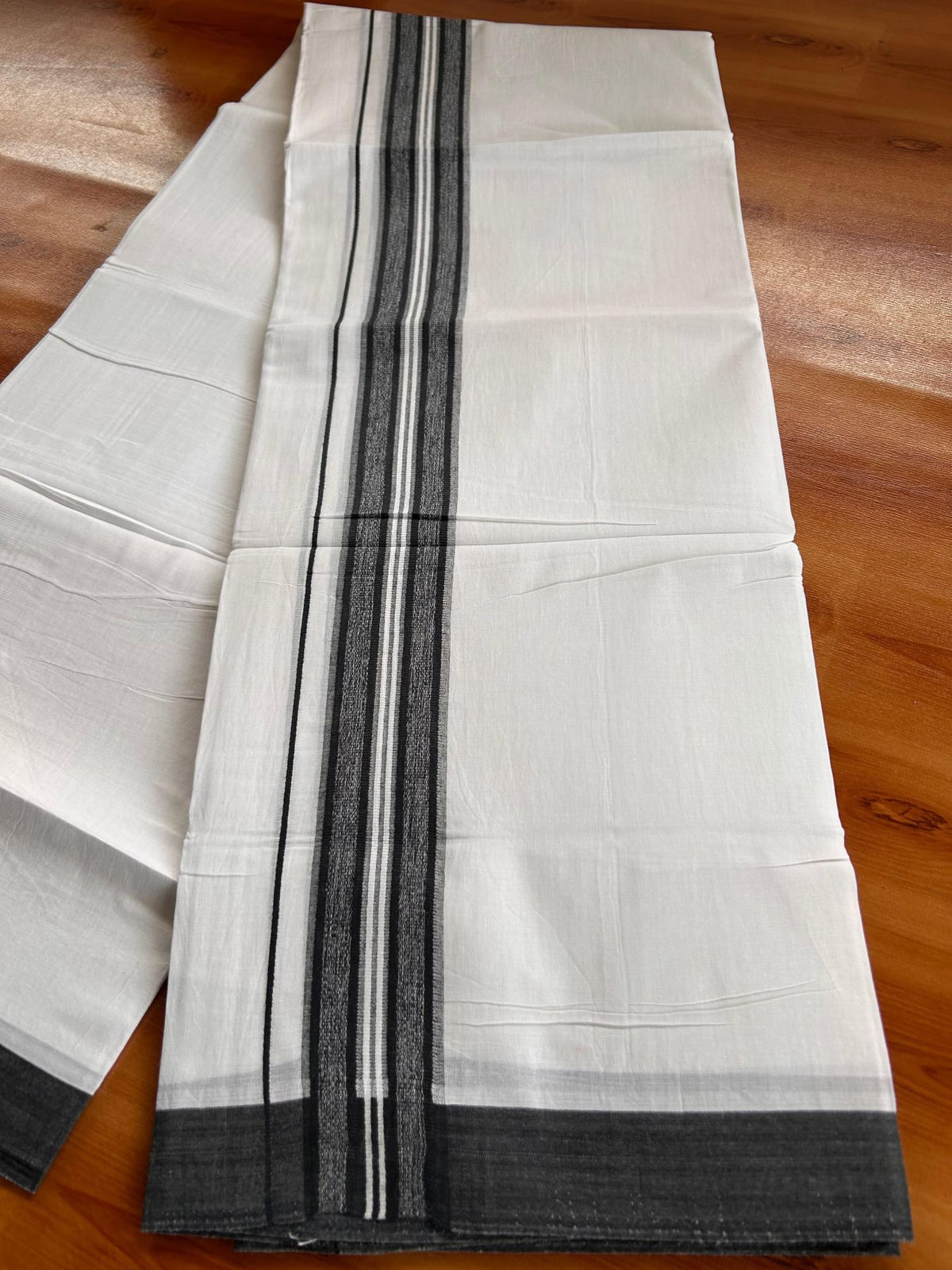 Double Pure White Mundu/Dhoti -20% Discount! KaithariKada 100% Cotton - 100x80 - 1.75 Inch Black Shaded Striped Kara - 3.80 mtr (8 muzham) - 27 KK5519 PMC