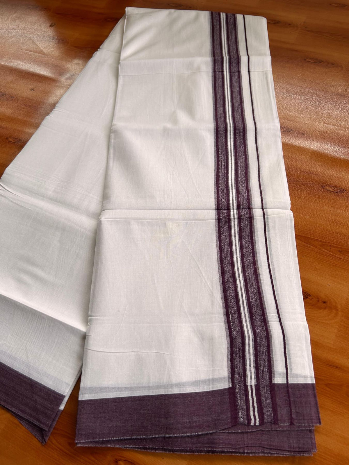 Double Pure White Mundu/Dhoti -20% Discount! KaithariKada 100% Cotton - 100x80 - 1.75 Inch Grape Wine Shaded Striped Kara - 3.80 mtr (8 muzham) - 28 KK5519 PMC