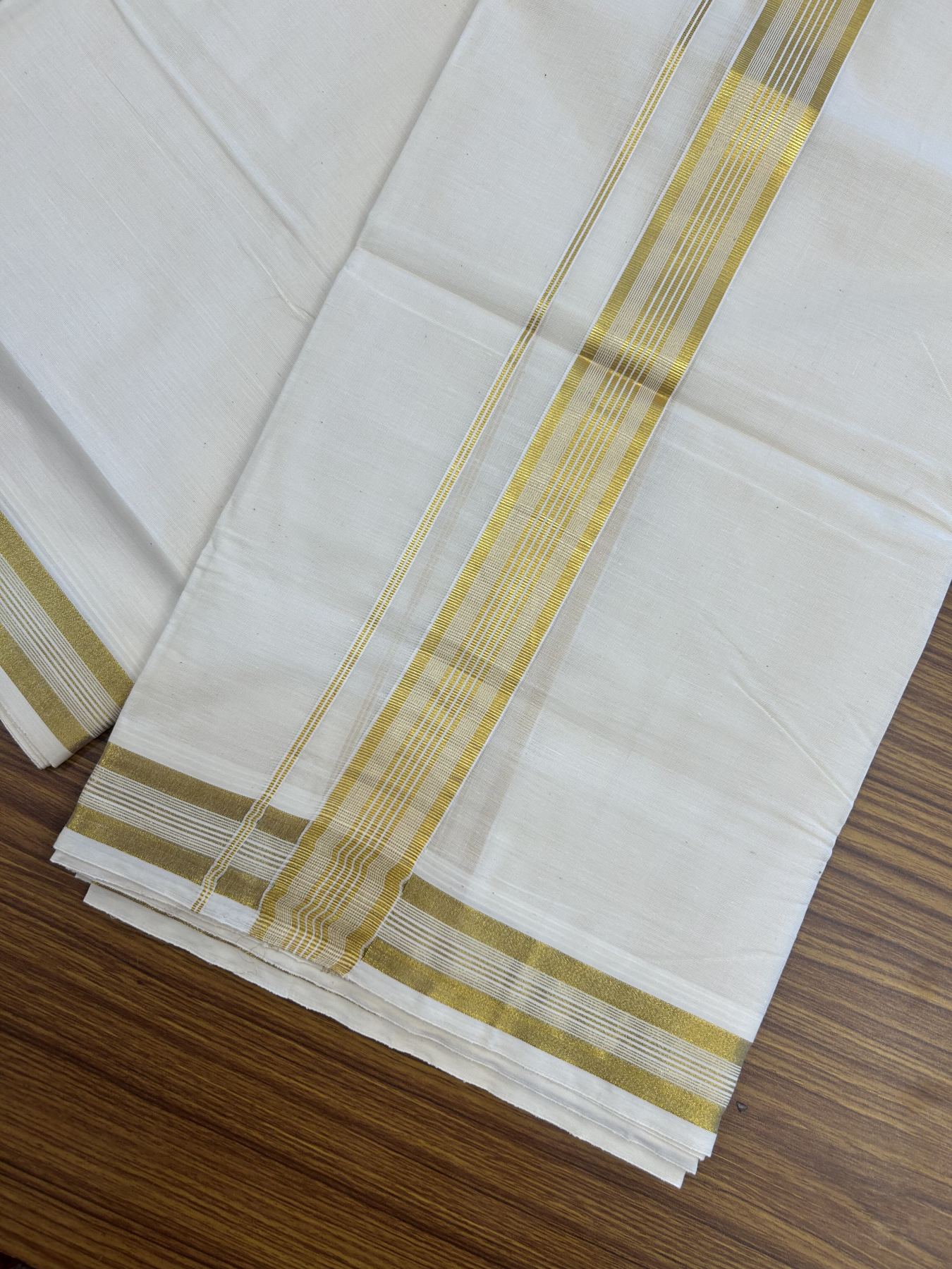 20% Discount ! KaithariKada Balaramapuram - 100% Pure Cotton Off White - (Unbleached) Double Mundu/Dhoti - 100X80 - 1.5 inch Gold Kasav Striped Kara 4 mtr (8.5 muzham) - 4 KK5340 VIN