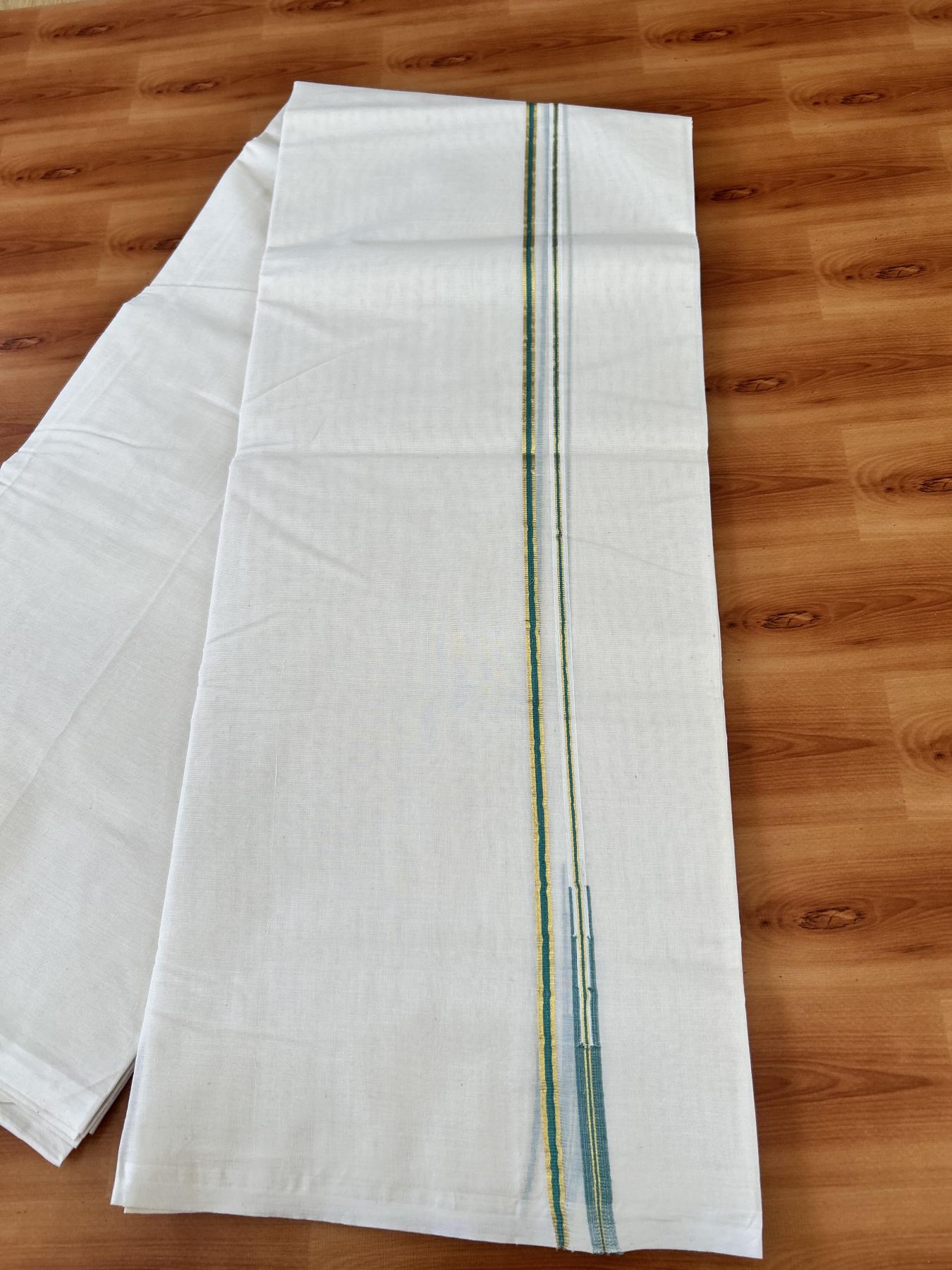 Double Off white Mundu/Dhoti - 20% Discount! KaithariKada 100% Cotton - 100x100 - 1 cm Puliyilakkara Gold Kasav & Teal Green Chutty Kara 4 mtr (8.5 muzham) - 13 KK5453 ASH