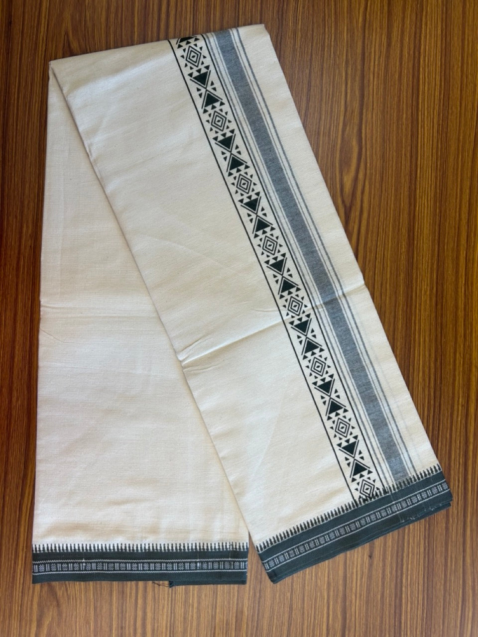 12% Discount !! Kaitharikada Pure Cotton Single OFF WHITE - (Unbleached) Kaily / Lungi - 3 inch Dark Olive Green Striped Printed kara Kuppadam Border with OFF WHITE colour body (2 meter / 4 muzham)- 2KK8009AS
