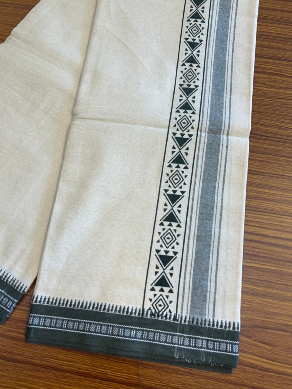 12% Discount !! Kaitharikada Pure Cotton Single OFF WHITE - (Unbleached) Kaily / Lungi - 3 inch Dark Olive Green Striped Printed kara Kuppadam Border with OFF WHITE colour body (2 meter / 4 muzham)- 2KK8009AS