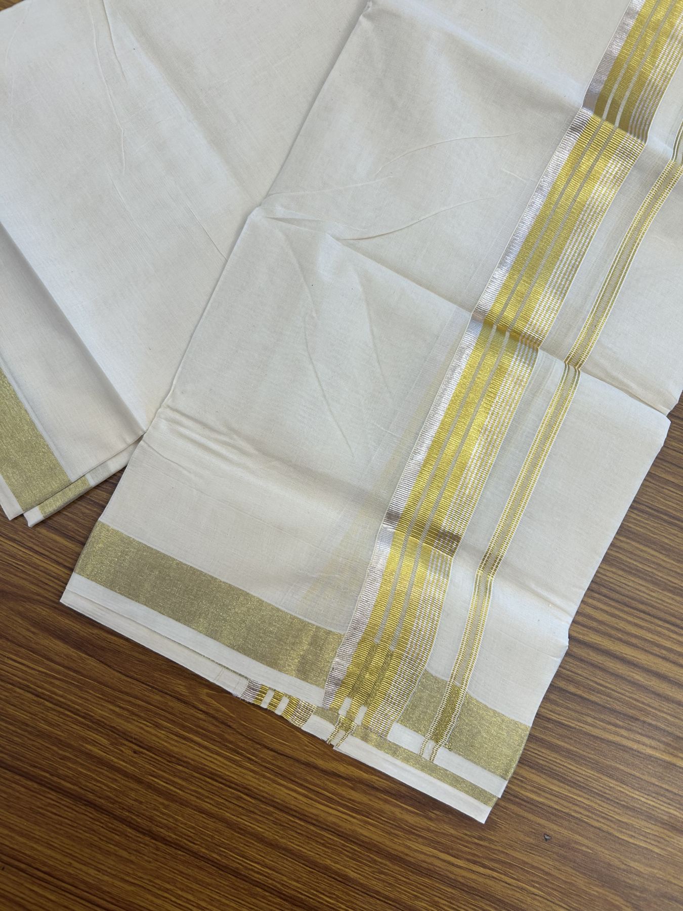 20% Discount ! KaithariKada Balaramapuram - 100% Pure Cotton Off White - (Unbleached) Double Mundu/Dhoti - 100X80 - 1.5 inch Gold Kasav & Silver Kasav Striped Kara 4 mtr (8.5 muzham) - 23 KK5340 VIN