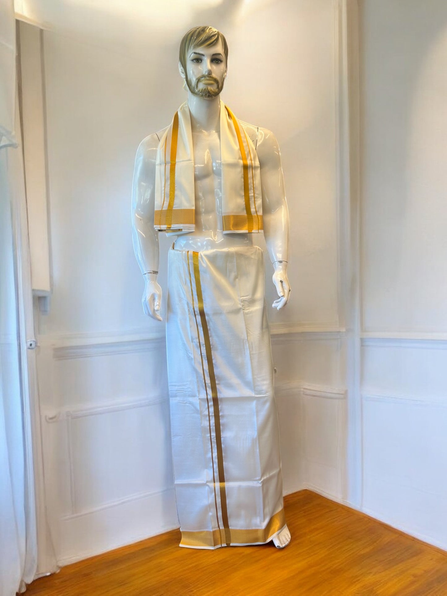 KaithariKada Balaramapuram 100% Art Silk OFF WHITE Double Mundu/Dhoti & Neriyath - 1.5inch Gold Kasavu kara - 2KK5015KAN