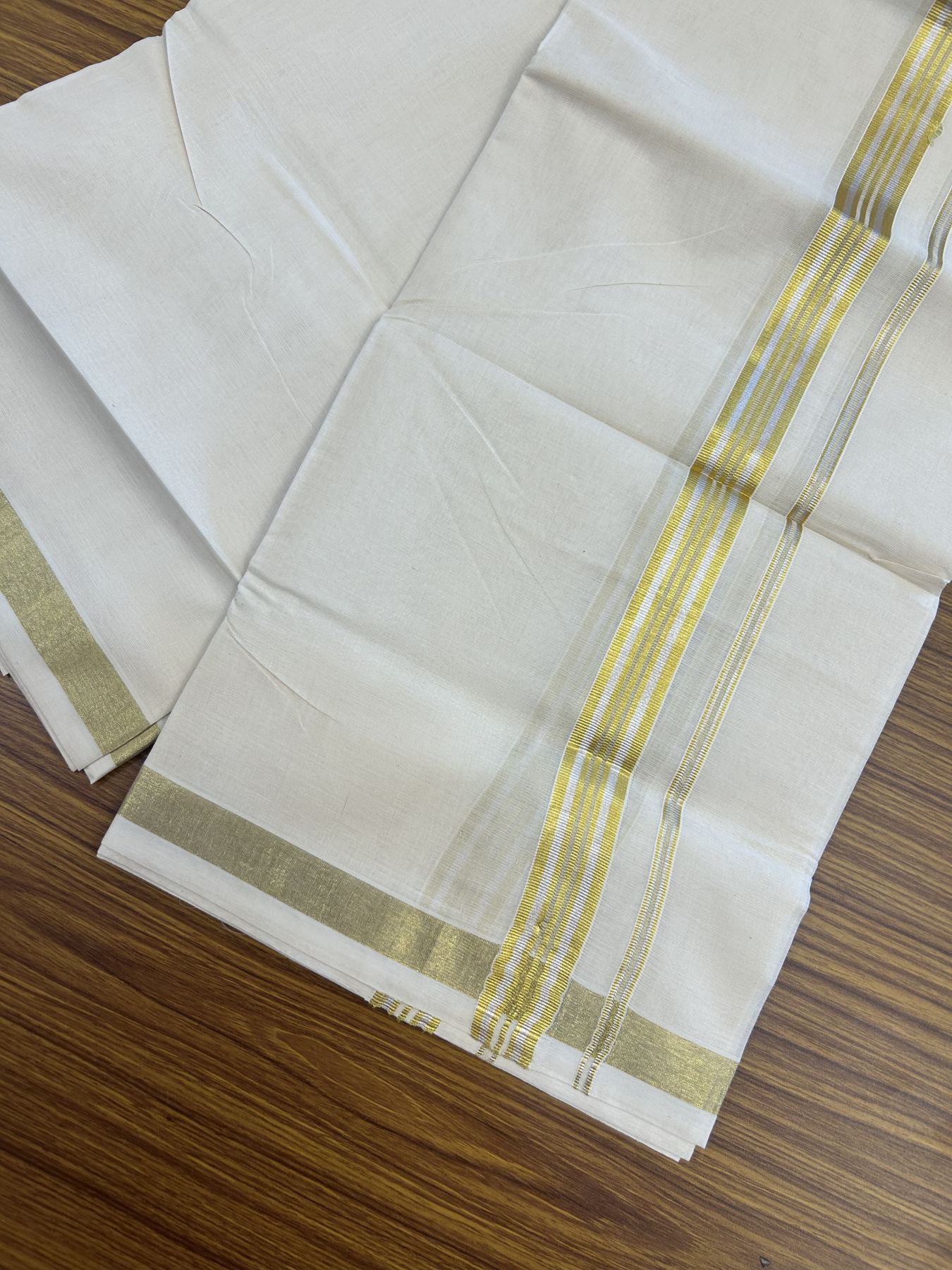 20% Discount ! KaithariKada Balaramapuram - 100% Pure Cotton Off White - (Unbleached) Double Mundu/Dhoti - 100X80 - 1 inch Gold Kasav & Silver Kasav Striped Kara 4 mtr (8.5 muzham) - 10 KK5340 VIN