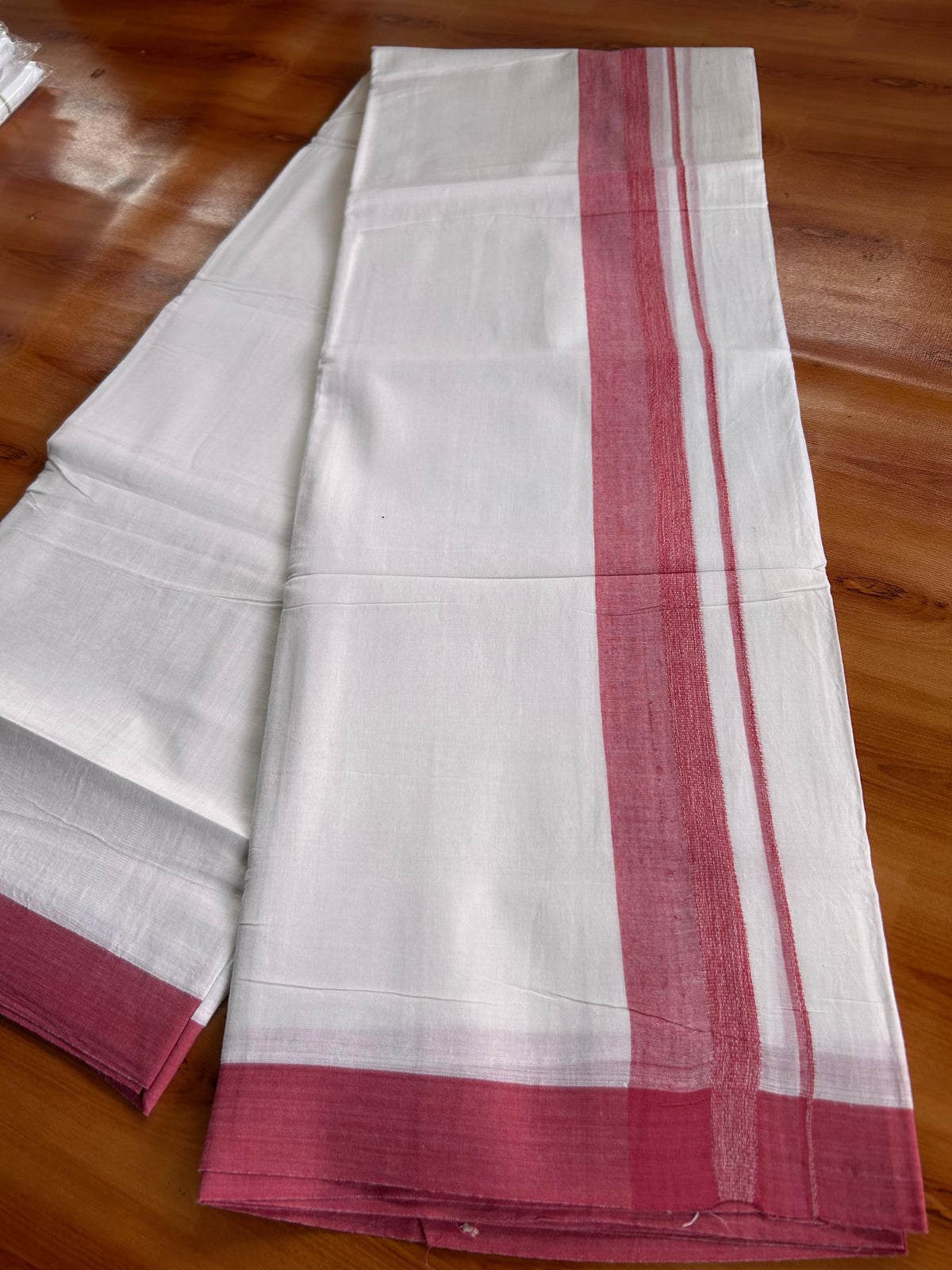Double Pure White Mundu/Dhoti -20% Discount! KaithariKada 100% Cotton - 100x80 - 1.5 Inch Pinkish Peach Shaded Kara - 3.80 mtr (8 muzham) - 32 KK5519 PMC