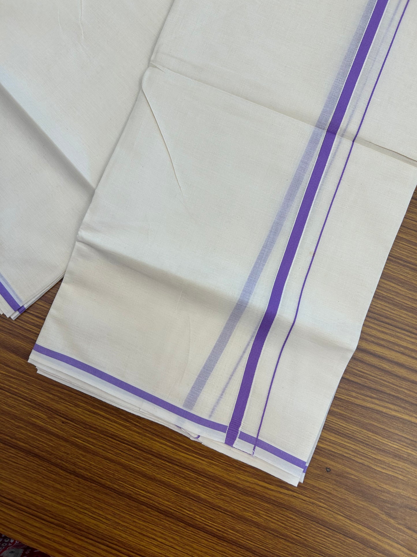 20% Discount! KaithariKada Balaramapuram 100% Cotton Double Off white - (Unbleached) - Mundu/Dhoti (80s) - 1 cm Violet Kara 4 mtr (8.5 muzham) - 51 KK5362 GAN