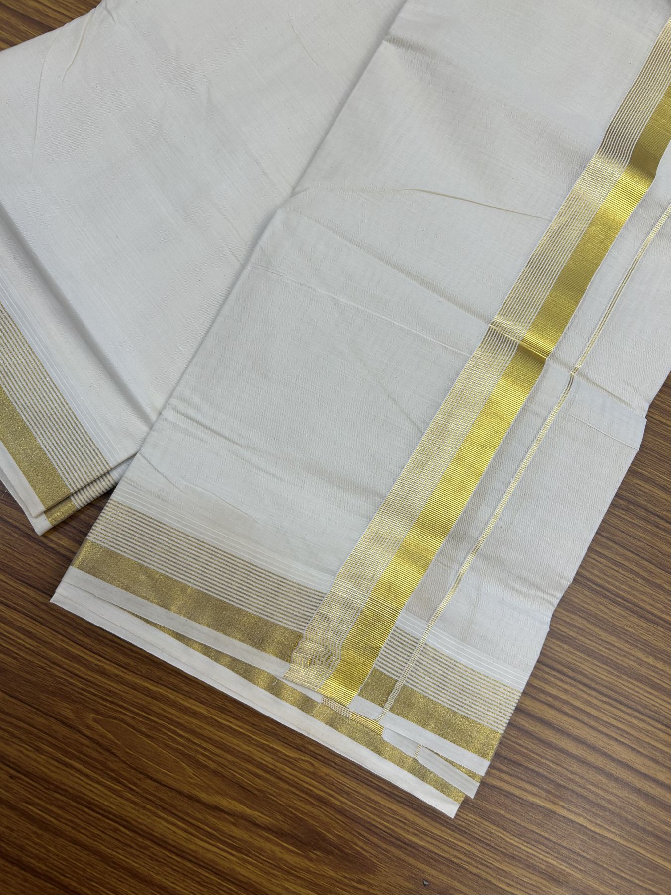 20% Discount ! KaithariKada Balaramapuram - 100% Pure Cotton Off White - (Unbleached) Double Mundu/Dhoti - 100X80 - 1.5 inch Gold Kasav Striped Kara - 1 KK5340 VIN