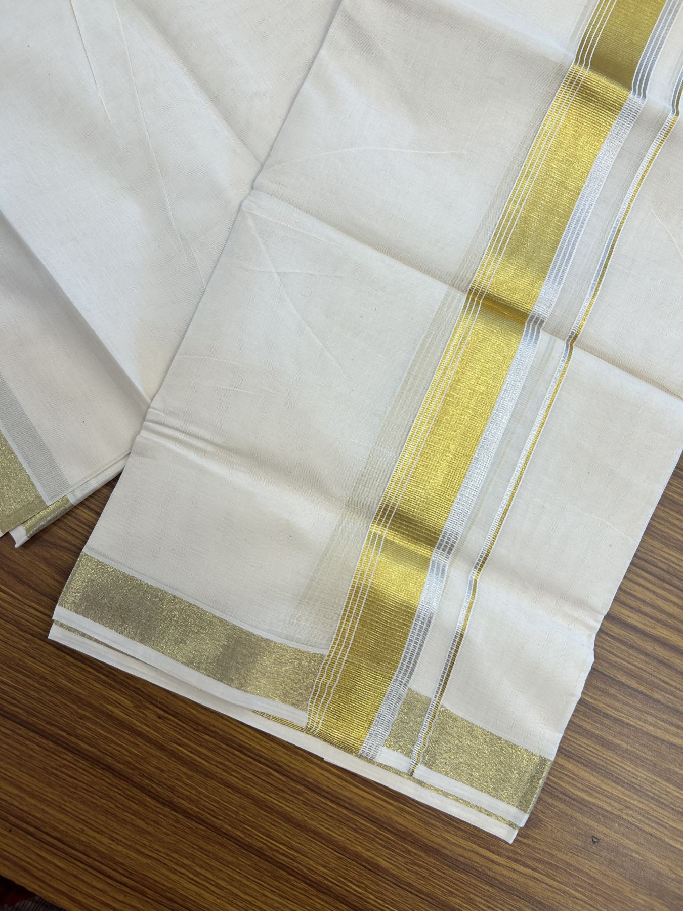 20% Discount ! KaithariKada Balaramapuram - 100% Pure Cotton Off White - (Unbleached) Double Mundu/Dhoti - 100X80 - 1.5 inch Gold Kasav & Silver Kasav Striped Kara 4 mtr (8.5 muzham) - 13 KK5340 VIN