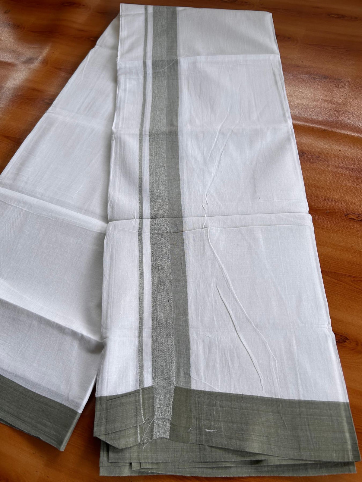Double Pure White Mundu/Dhoti -20% Discount! KaithariKada 100% Cotton - 100x80 - 1.5 Inch Ash Green Shaded Kara - 3.80 mtr (8 muzham) - 35 KK5519 PMC