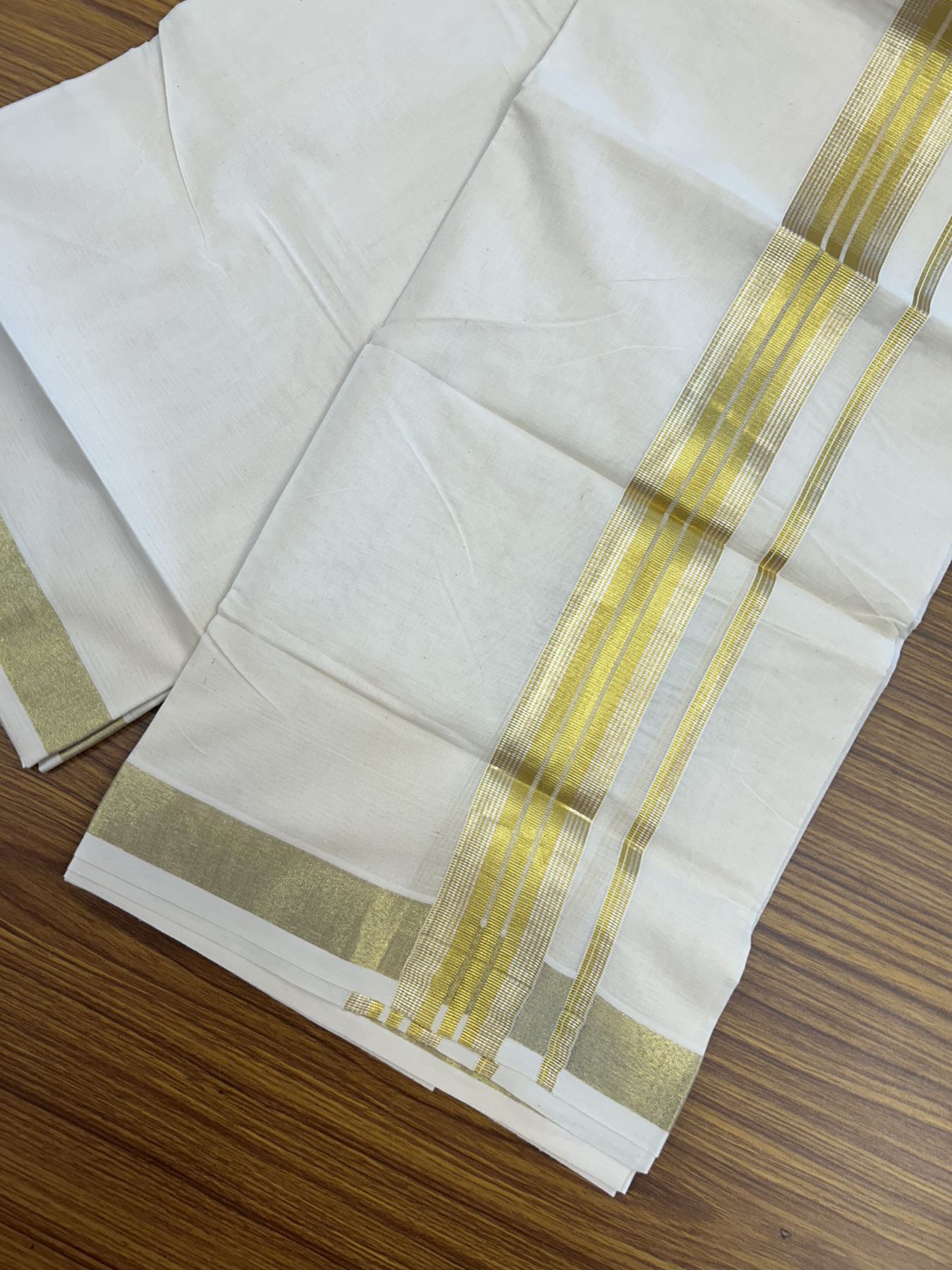 20% Discount ! KaithariKada Balaramapuram - 100% Pure Cotton Off White - (Unbleached) Double Mundu/Dhoti - 100X80 - 1.5 inch Gold Kasav & Silver Kasav Striped Kara 4 mtr (8.5 muzham) - 24 KK5340 VIN