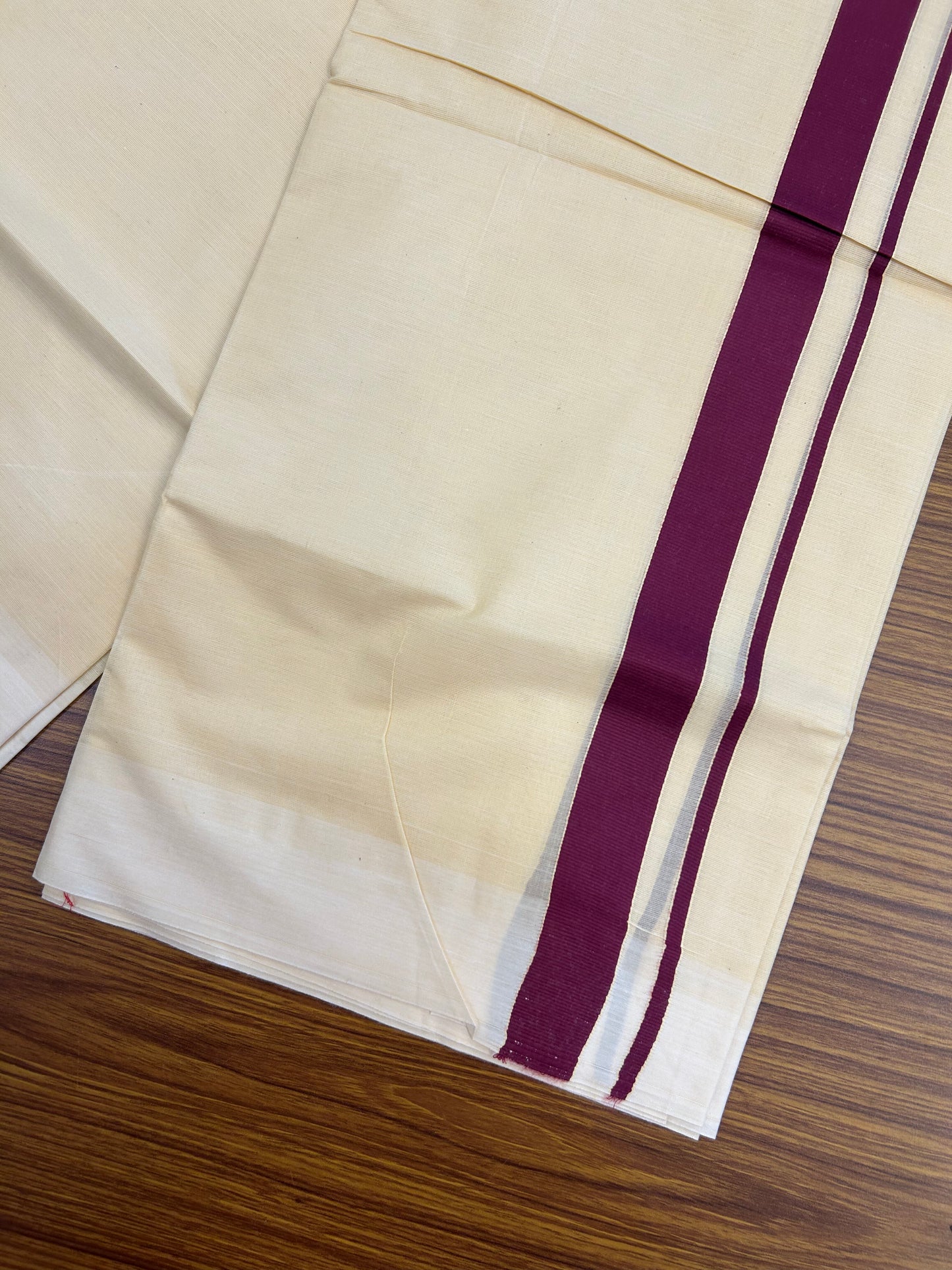 Kannur Kavi - 20% Discount! KaithariKada Balaramapuram Double Mundu/Dhoti - Pure Cotton - 100x80 - Kannur Yellow colour Body 1 Inch Wine Purple kara - 4 mtr - (8.5 muzham) - 7 KK5362 GAN