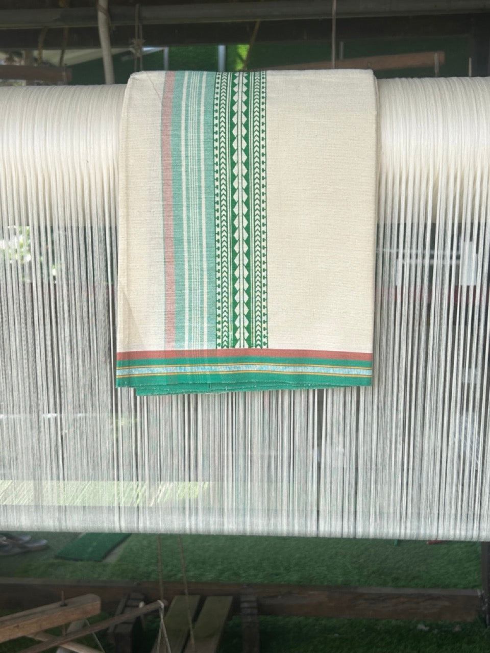 12% Discount !! Kaitharikada Pure Cotton Single OFF WHITE - (Unbleached) Kaily / Lungi - 4 inch Light Green & Brownish Orange Striped Printed kara Kuppadam Border with OFF WHITE colour body (2 meter / 4 muzham)- 8KK8010AS